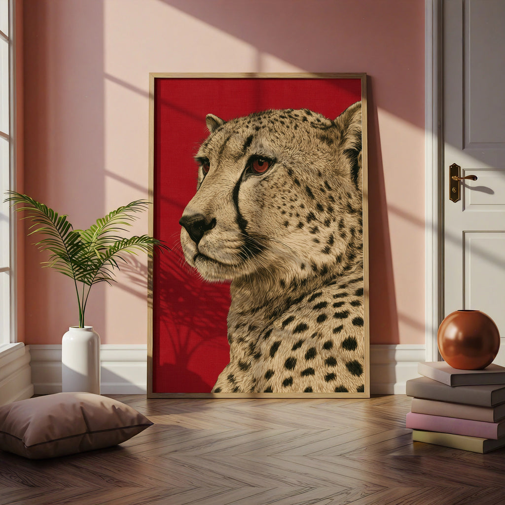 Cheetah Portrait Wall Art Print, Bold Red Background, Wildlife Poster