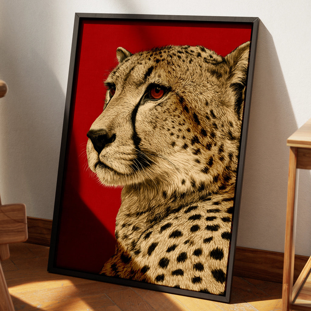 Cheetah Portrait Wall Art Print, Bold Red Background, Wildlife Poster