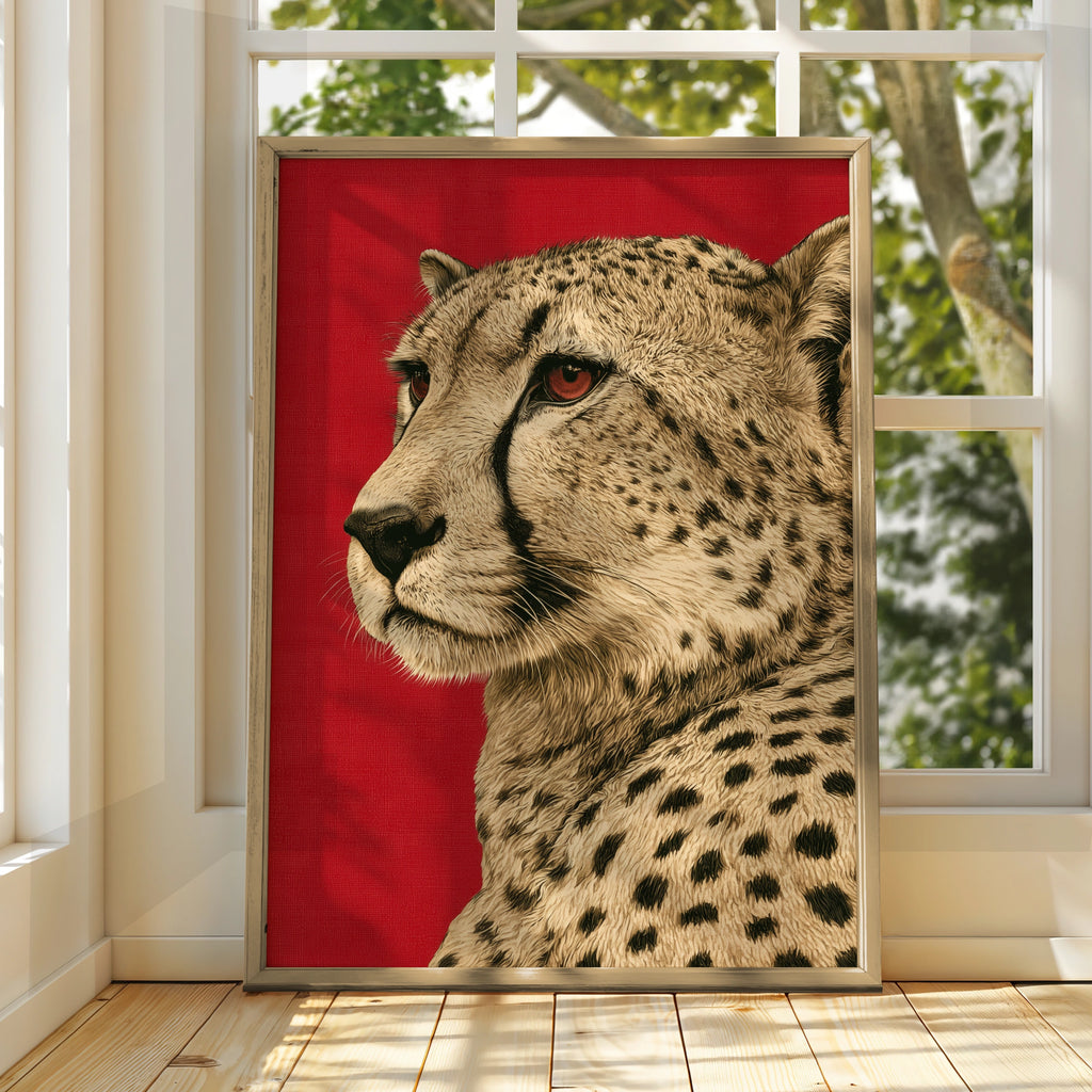 Cheetah Portrait Wall Art Print, Bold Red Background, Wildlife Poster
