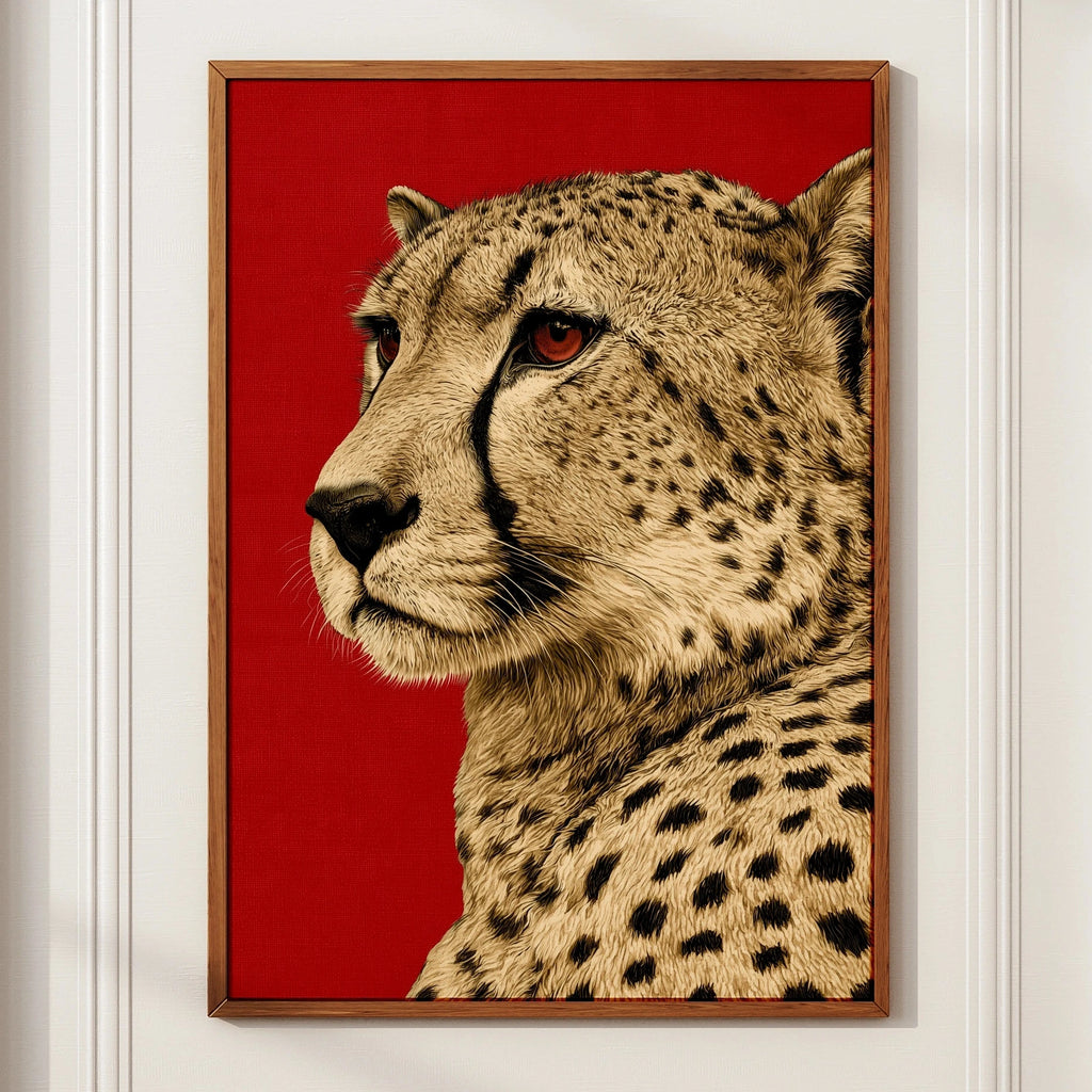 Cheetah Portrait Wall Art Print, Bold Red Background, Wildlife Poster