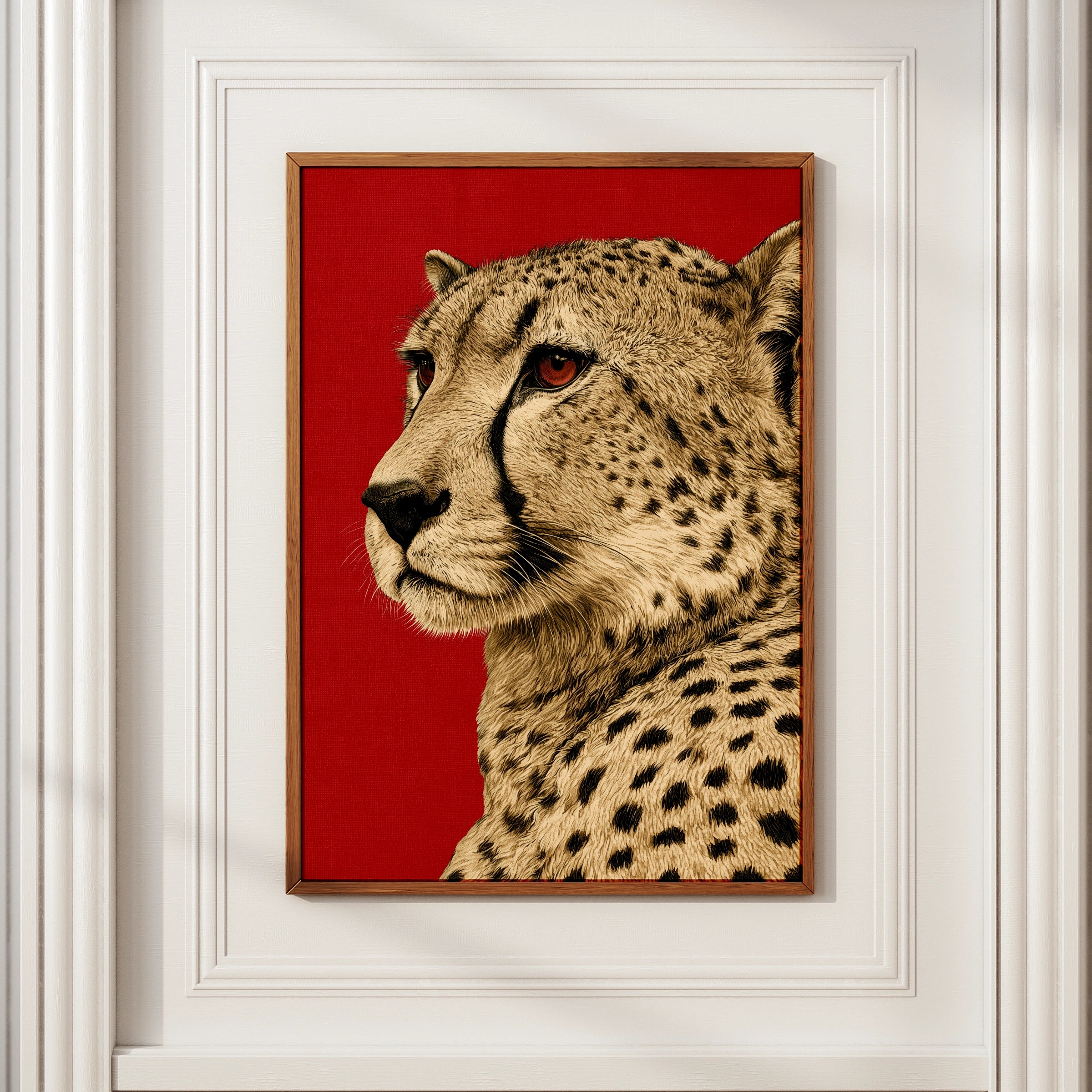 Cheetah Portrait Wall Art Print, Bold Red Background, Wildlife Poster