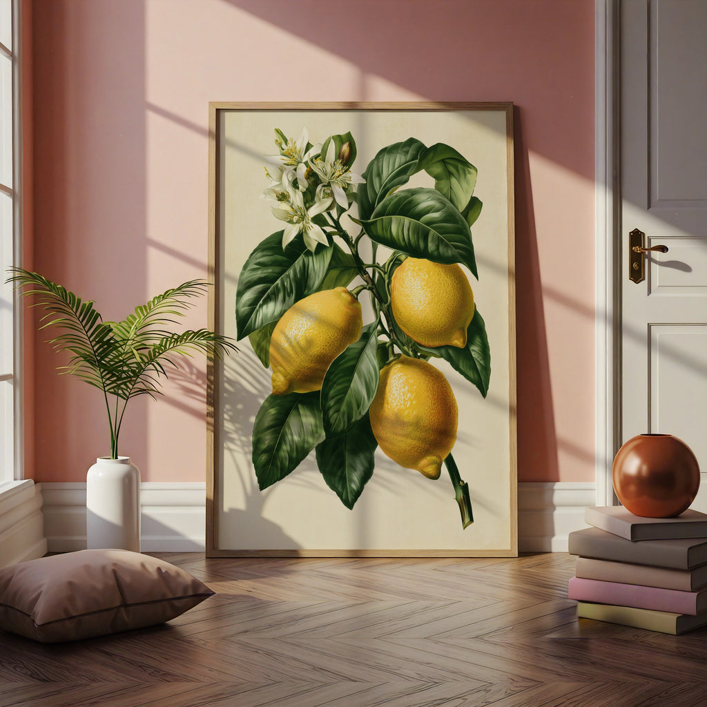 Lemon Branch Botanical Print, Vintage Citrus Wall Art, Yellow Green Poster