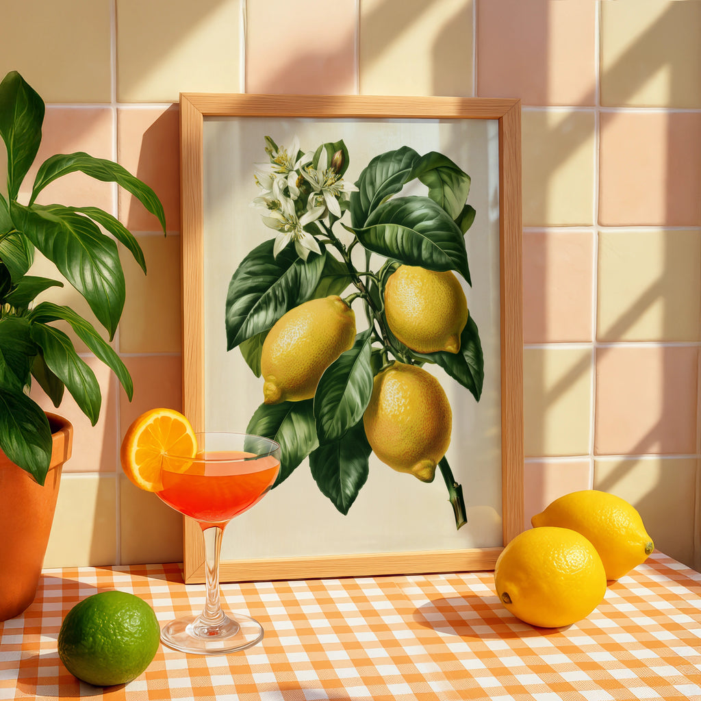 Lemon Branch Botanical Print, Vintage Citrus Wall Art, Yellow Green Poster