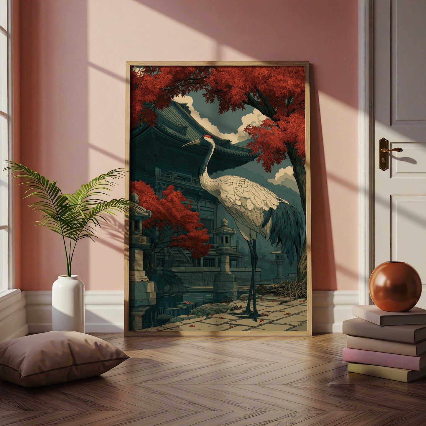 Japanese Crane Poster, Red-Crowned Crane Temple Art Print, Ukiyo-e Style