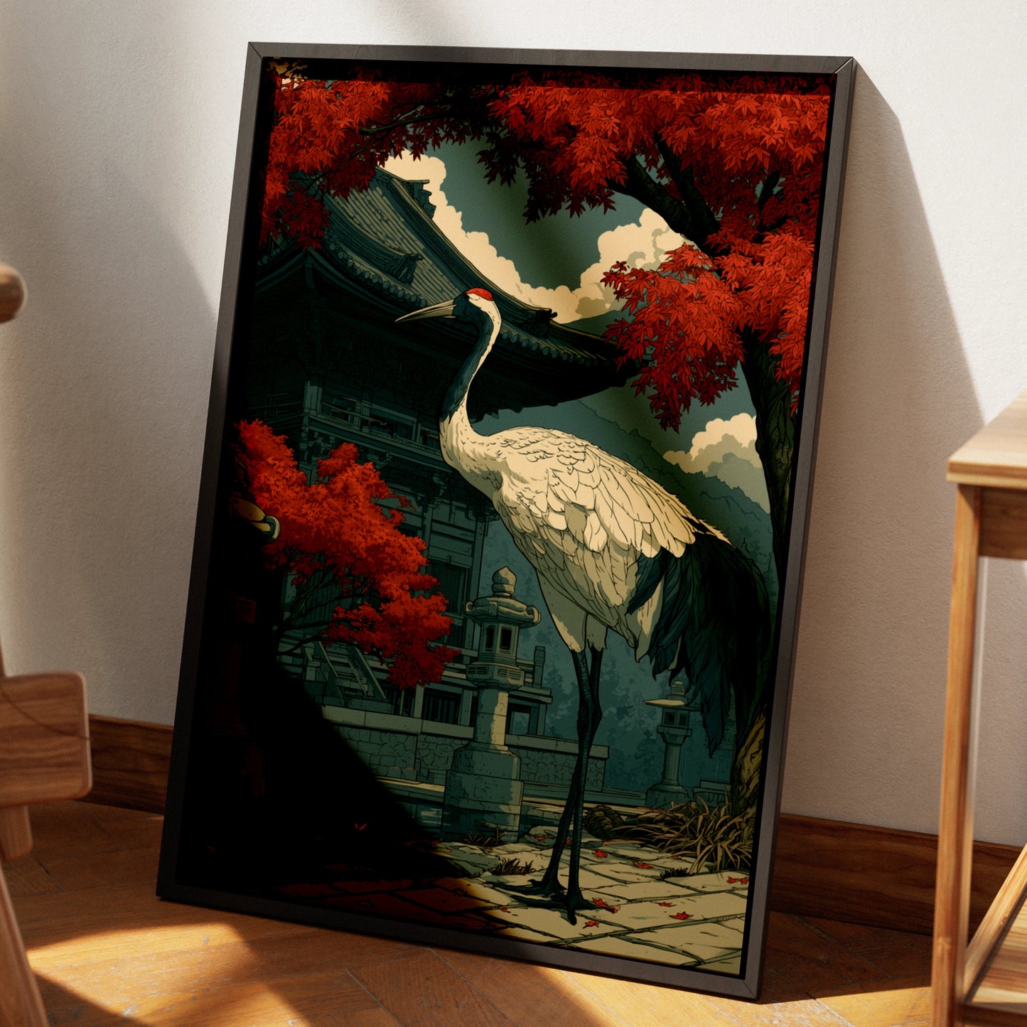 Japanese Crane Poster, Red-Crowned Crane Temple Art Print, Ukiyo-e Style