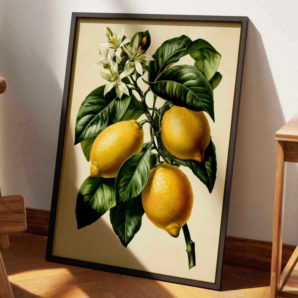 Lemon Branch Botanical Print, Vintage Citrus Wall Art, Yellow Green Poster