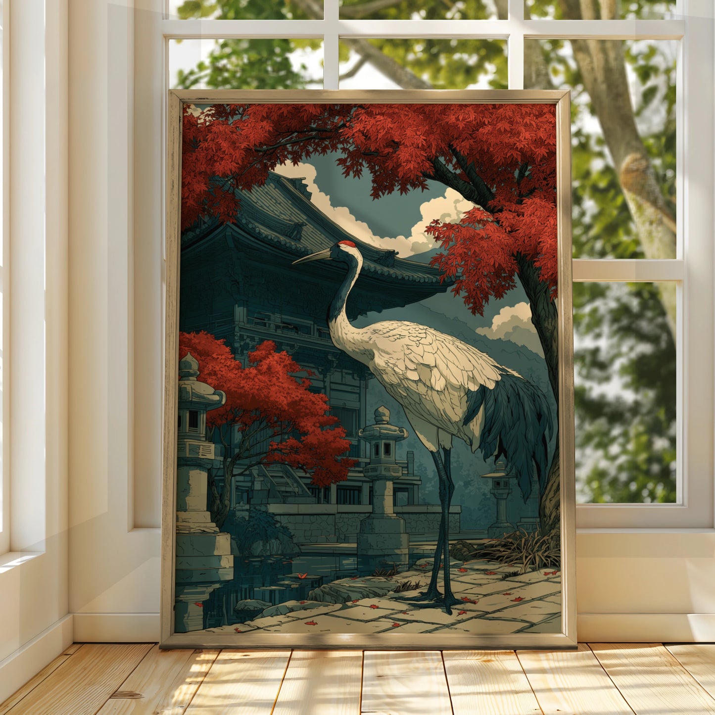 Japanese Crane Poster, Red-Crowned Crane Temple Art Print, Ukiyo-e Style