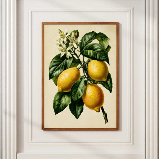 Lemon Branch Botanical Print, Vintage Citrus Wall Art, Yellow Green Poster