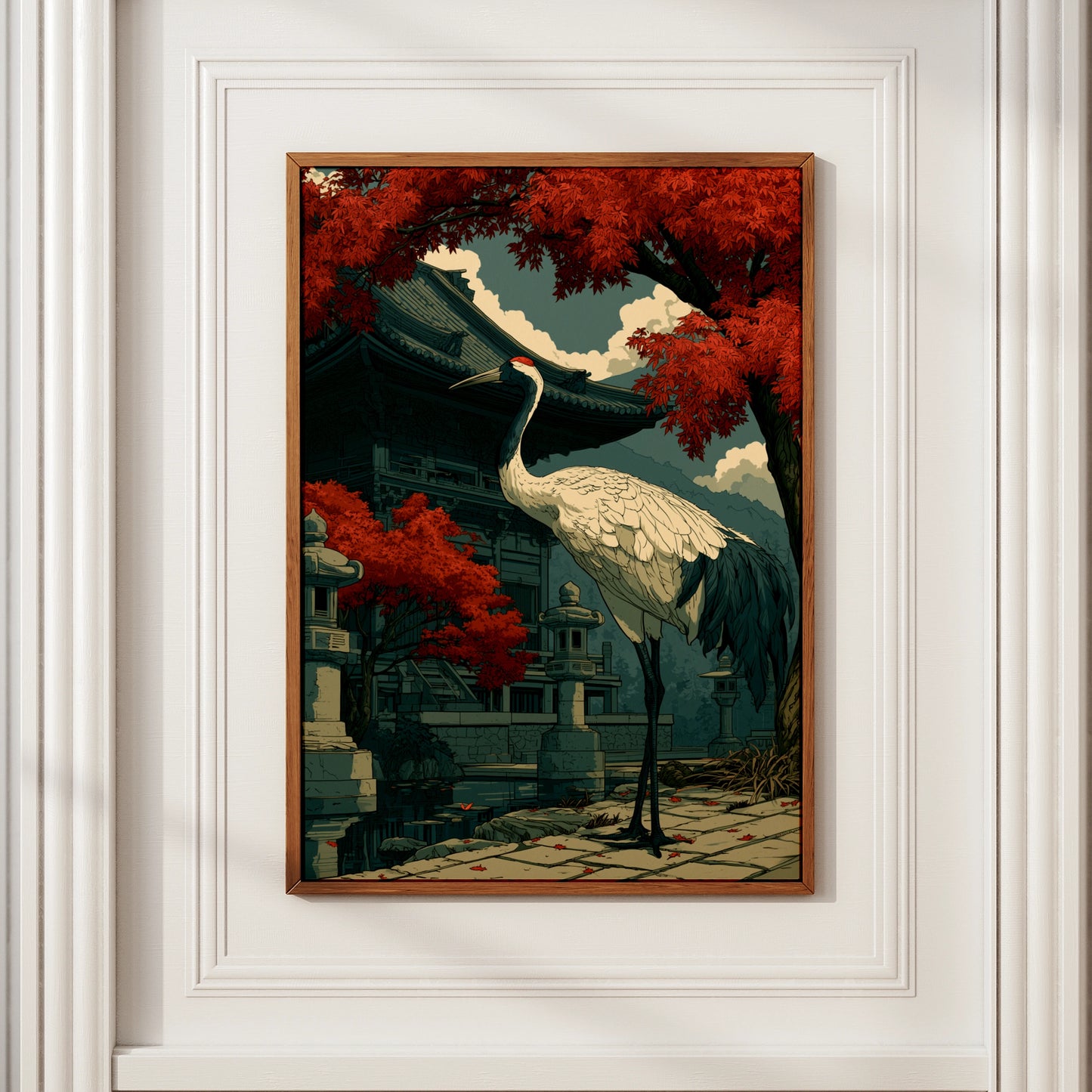 Japanese Crane Poster, Red-Crowned Crane Temple Art Print, Ukiyo-e Style