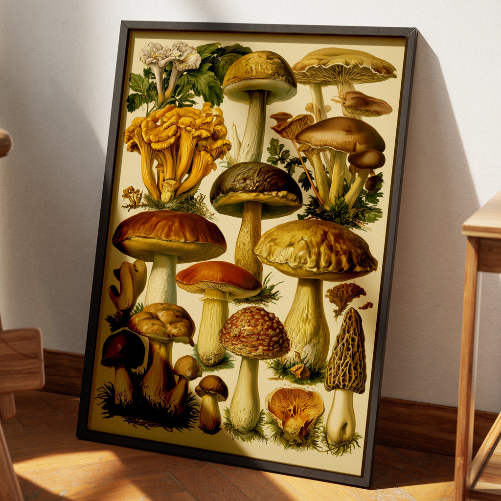 Mushroom Botanical Print, Vintage Fungi Illustration, Nature Wall Art Poster