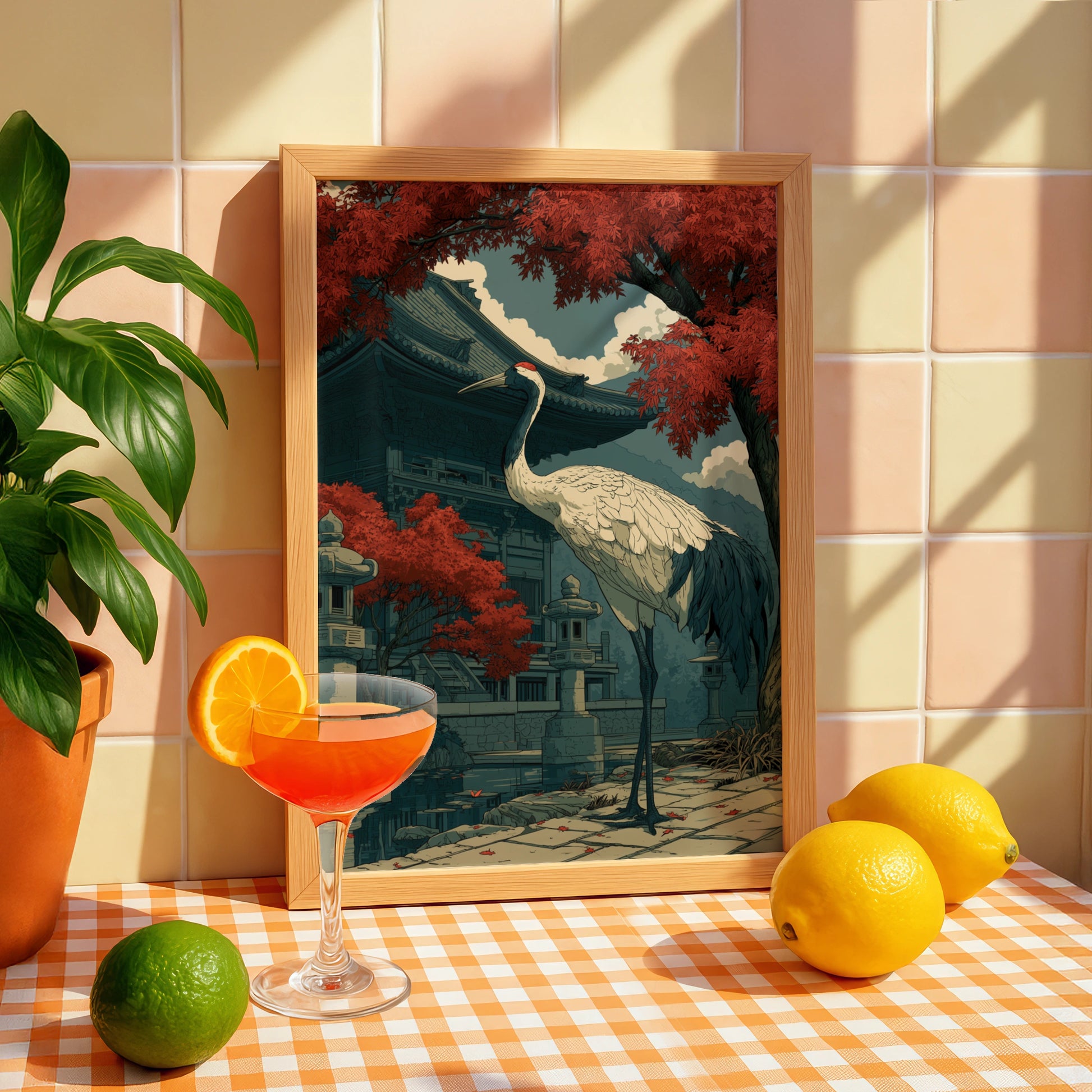 Japanese Crane Poster, Red-Crowned Crane Temple Art Print, Ukiyo-e Style
