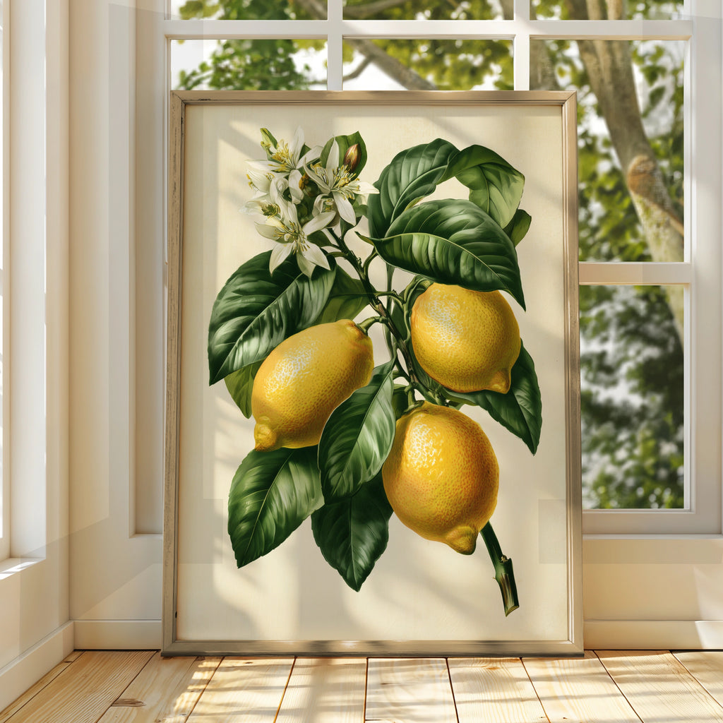Lemon Branch Botanical Print, Vintage Citrus Wall Art, Yellow Green Poster