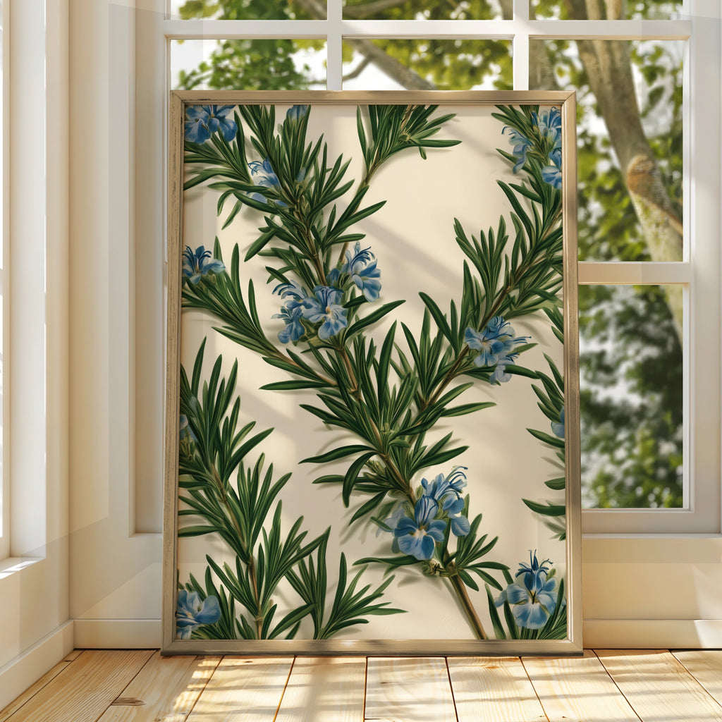 Rosemary Botanical Print, Blue Flowers Wall Art, Herb Illustration Poster