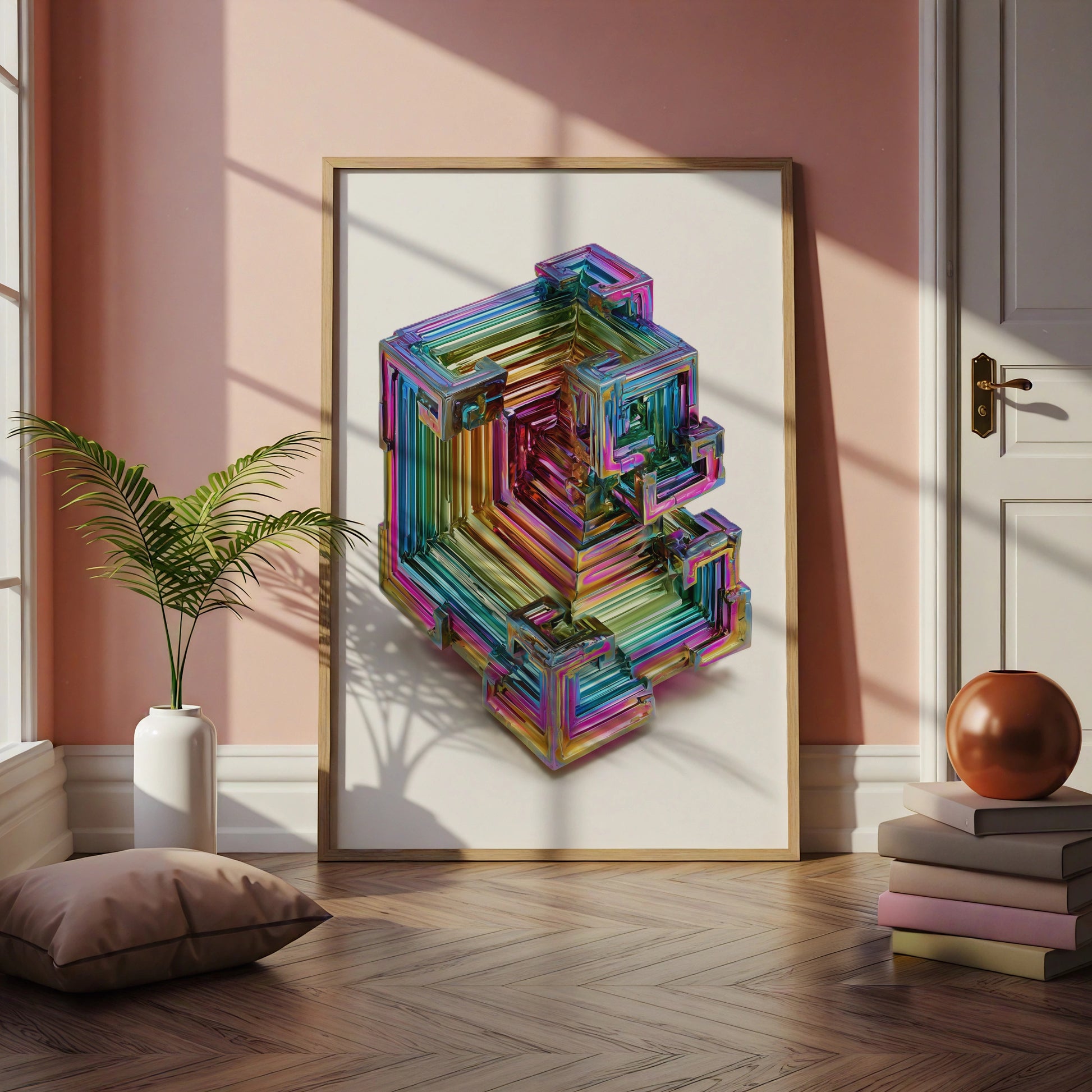 Bismuth Crystal Poster, Iridescent Rainbow Mineral Print, Modern Science Art