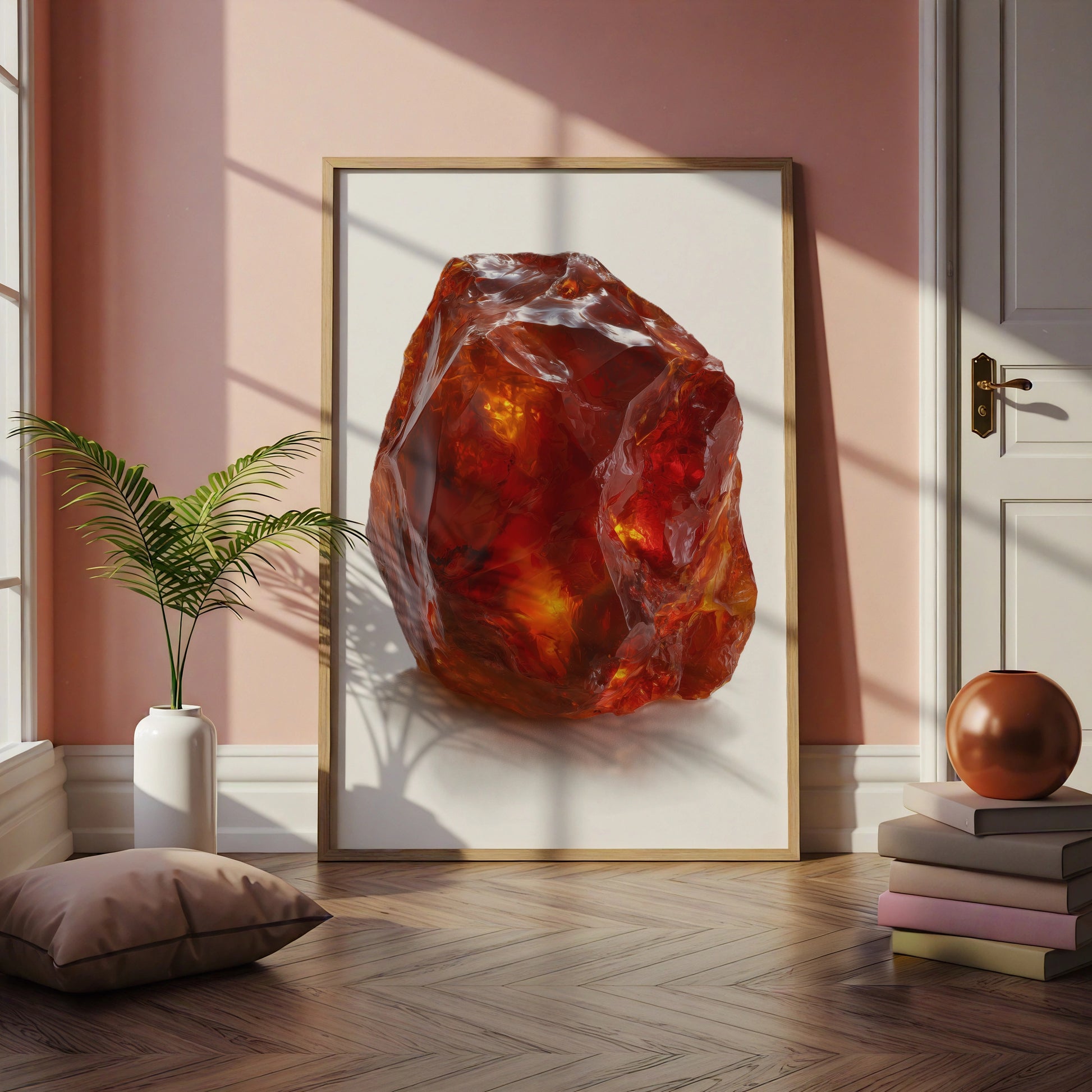 Cornelian Crystal Print, Raw Gemstone Poster, Amber Red Mineral Wall Art