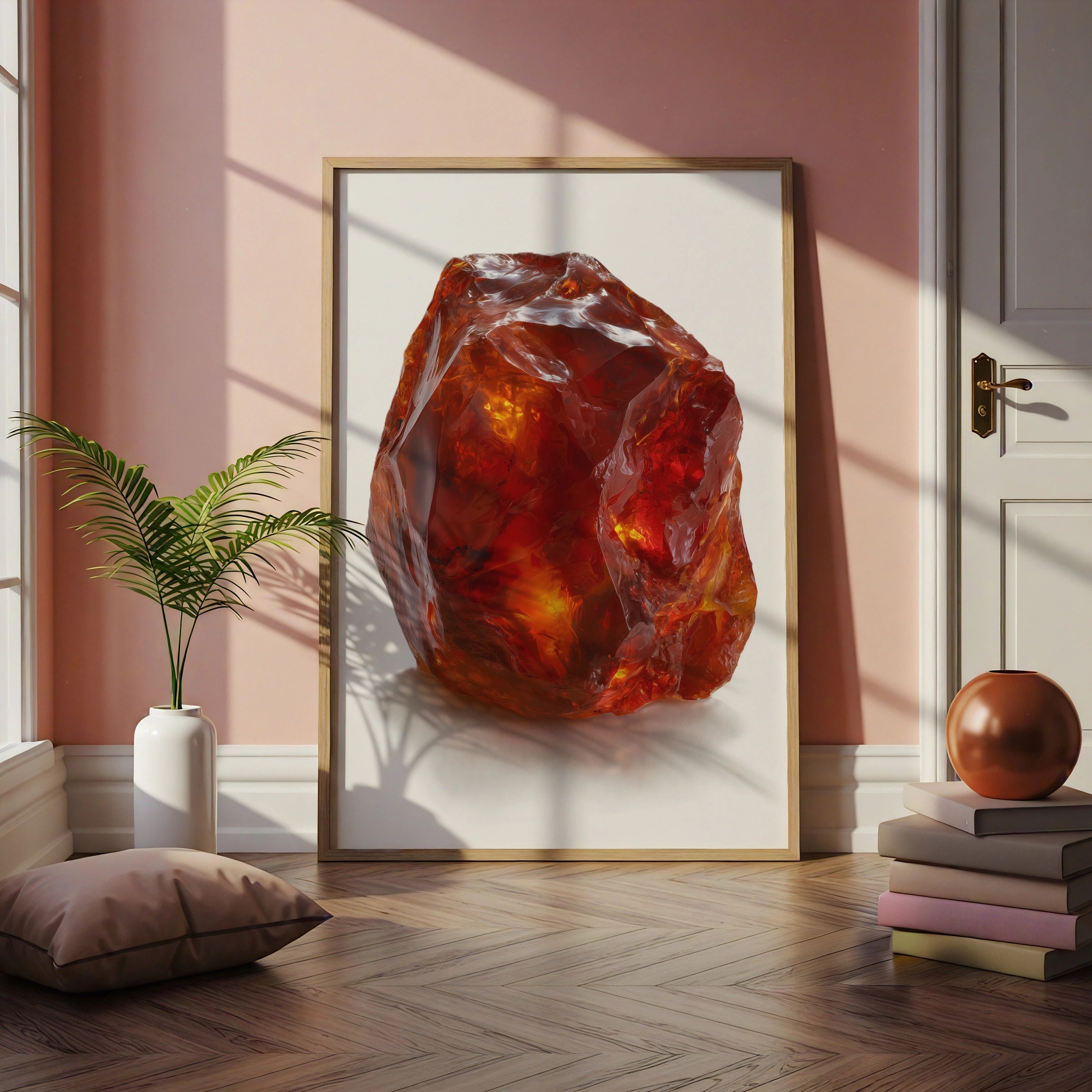 Cornelian Crystal Print, Raw Gemstone Poster, Amber Red Mineral Wall Art