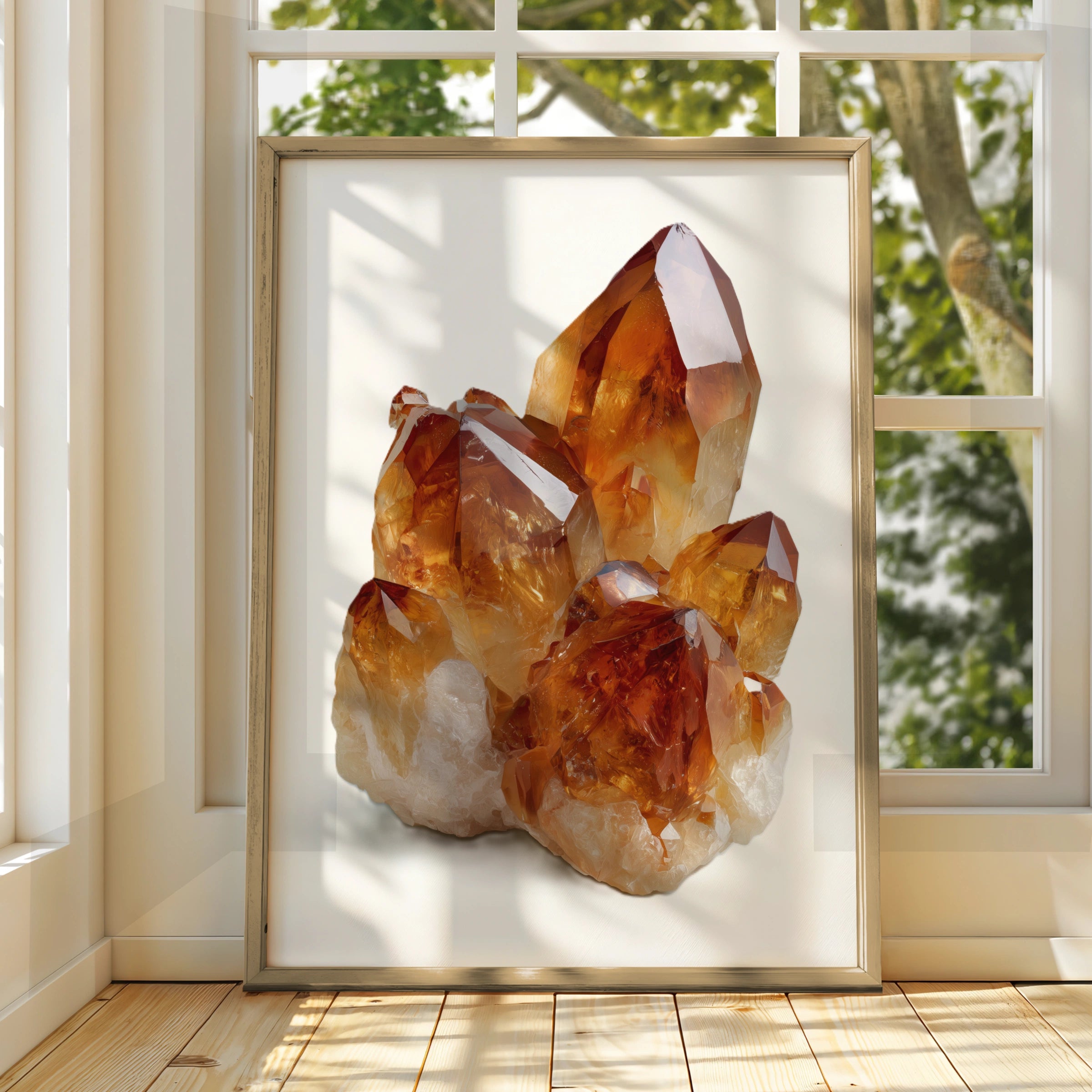 Citrine Crystal Cluster Print, Golden Amber Gemstone Poster, Mineral Art