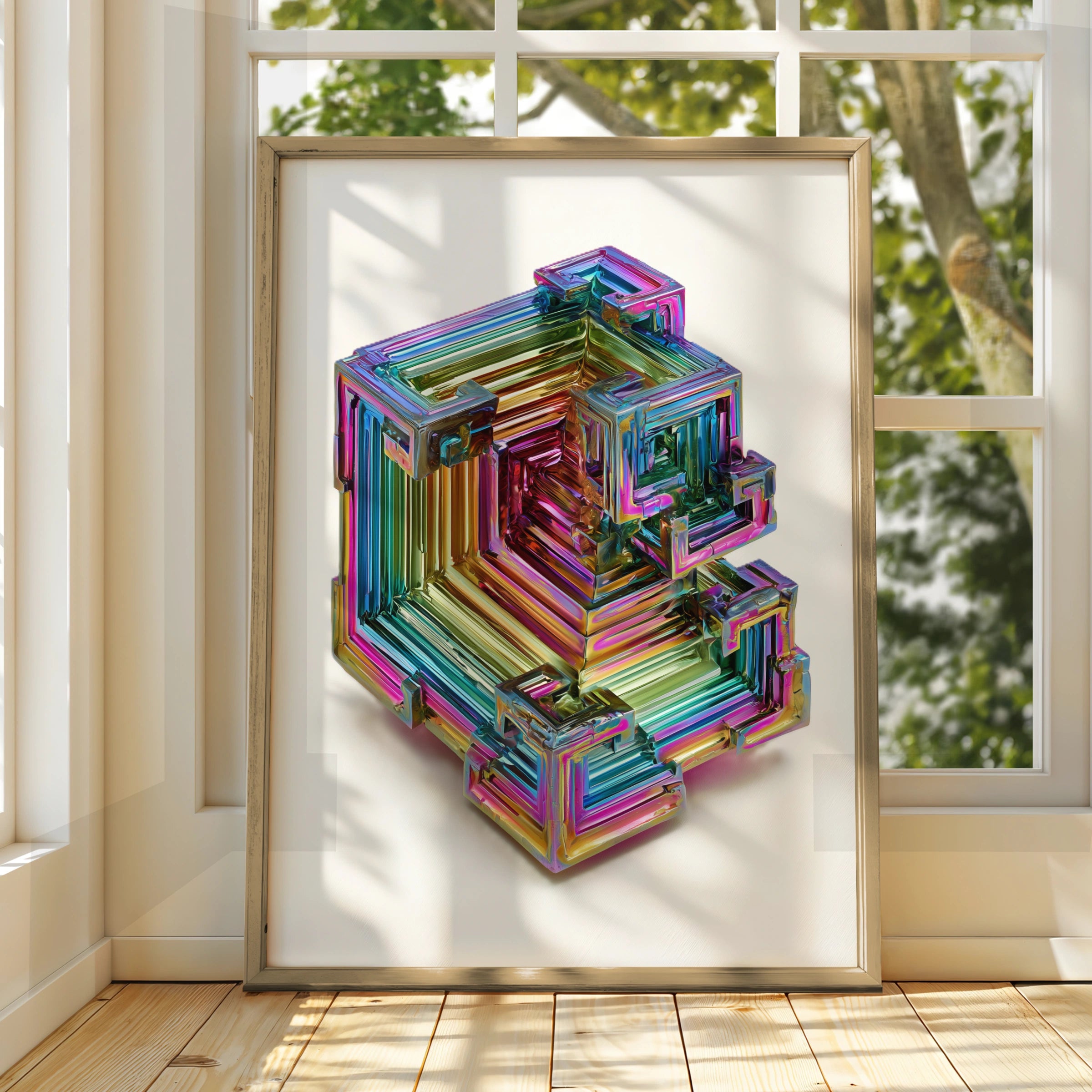 Bismuth Crystal Poster, Iridescent Rainbow Mineral Print, Modern Science Art
