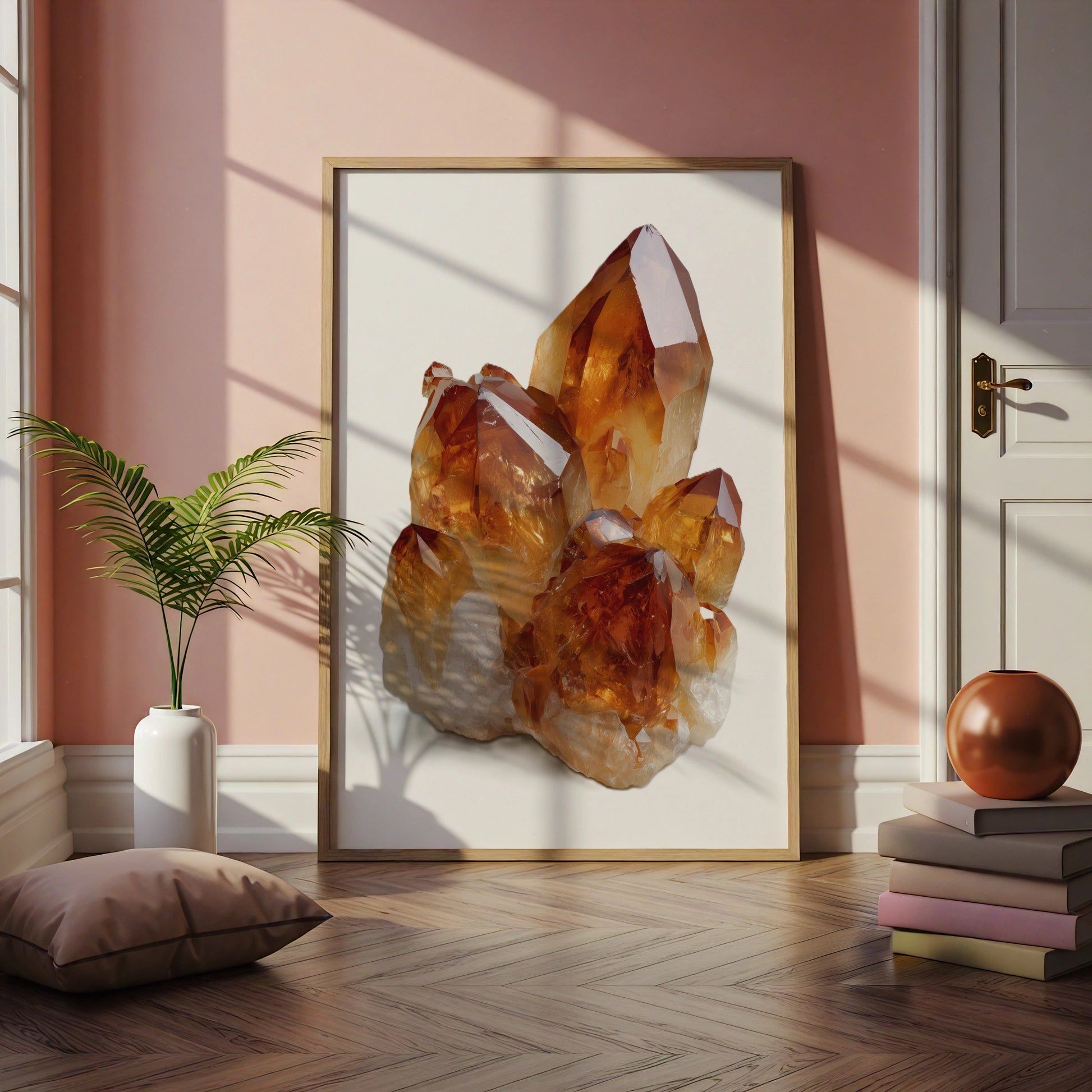 Citrine Crystal Cluster Print, Golden Amber Gemstone Poster, Mineral Art