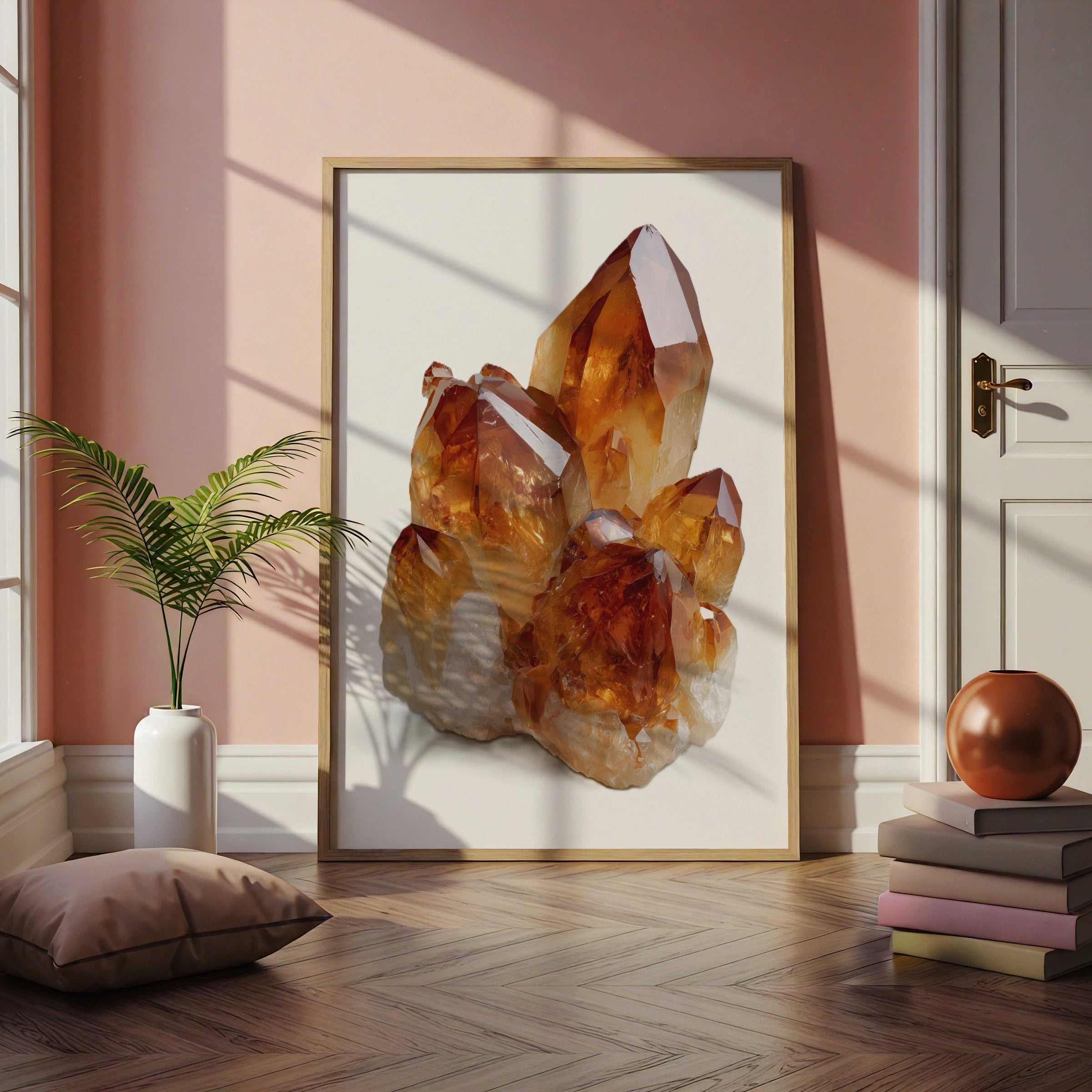 Citrine Crystal Cluster Print, Golden Amber Gemstone Poster, Mineral Art