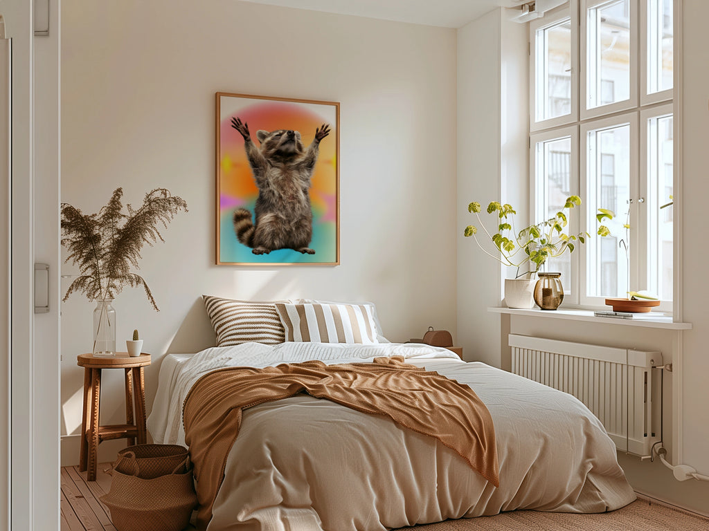 Raccoon Hands Up Poster, Funny Animal Wall Art, Colourful Retro Print