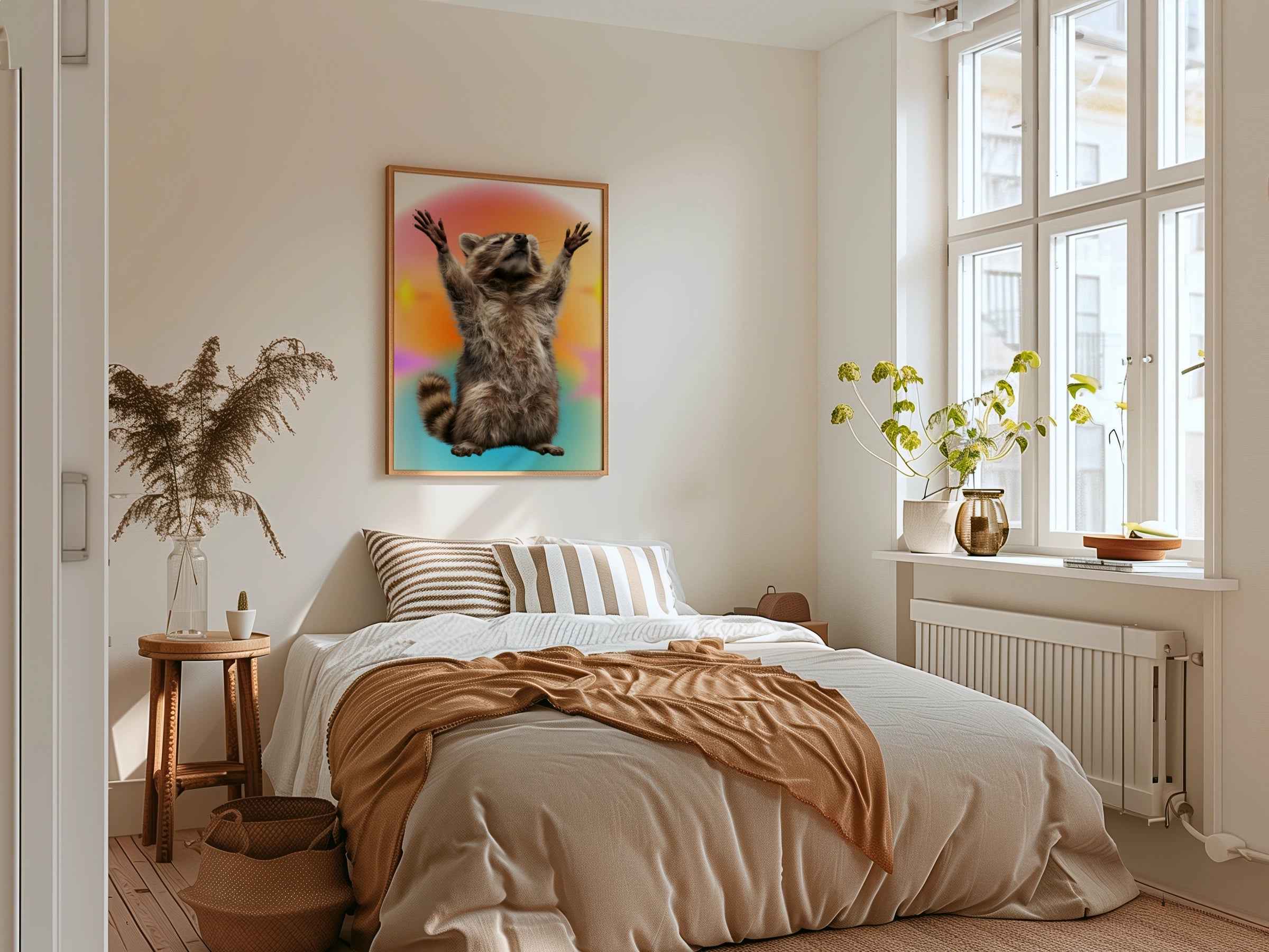 Raccoon Hands Up Poster, Funny Animal Wall Art, Colourful Retro Print