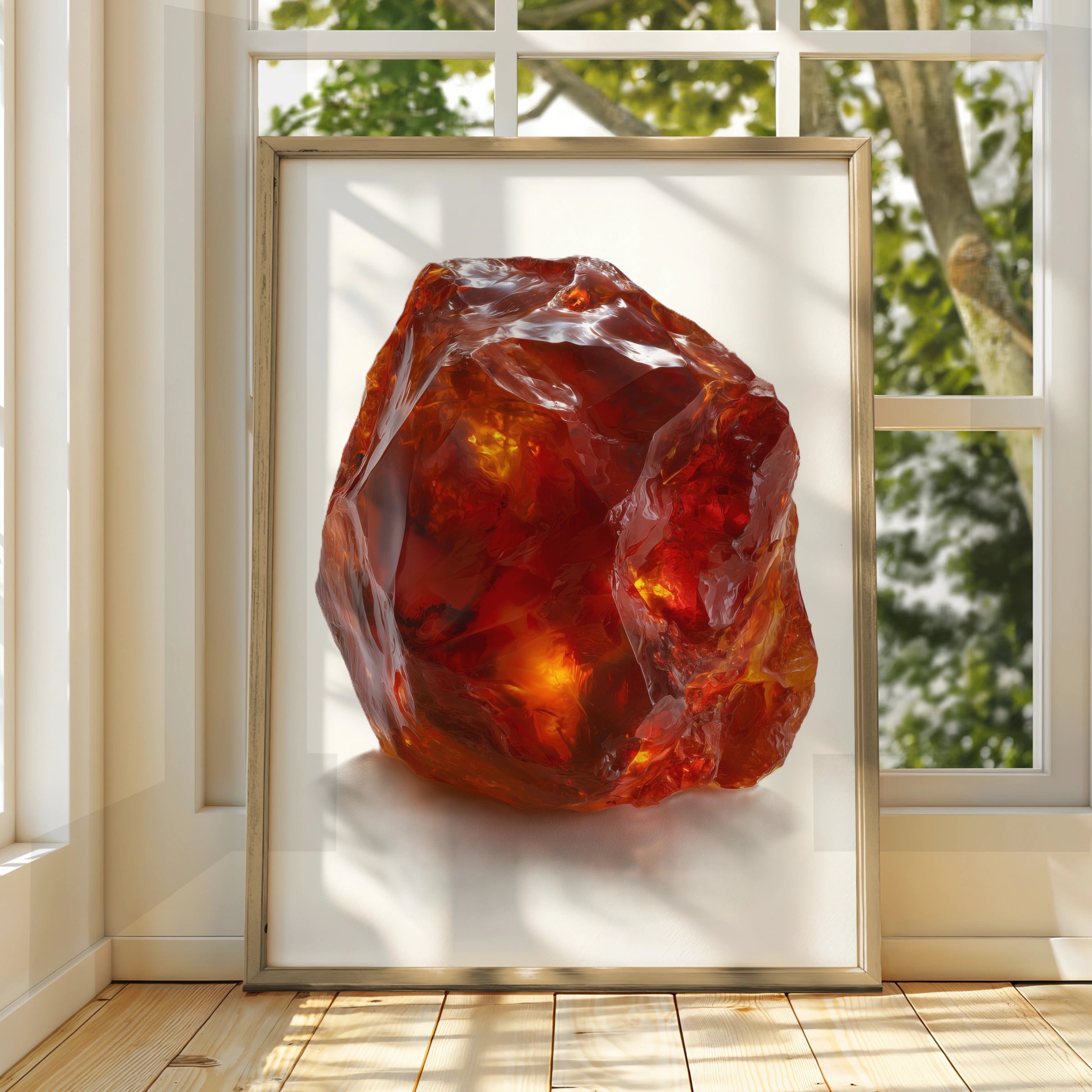 Cornelian Crystal Print, Raw Gemstone Poster, Amber Red Mineral Wall Art