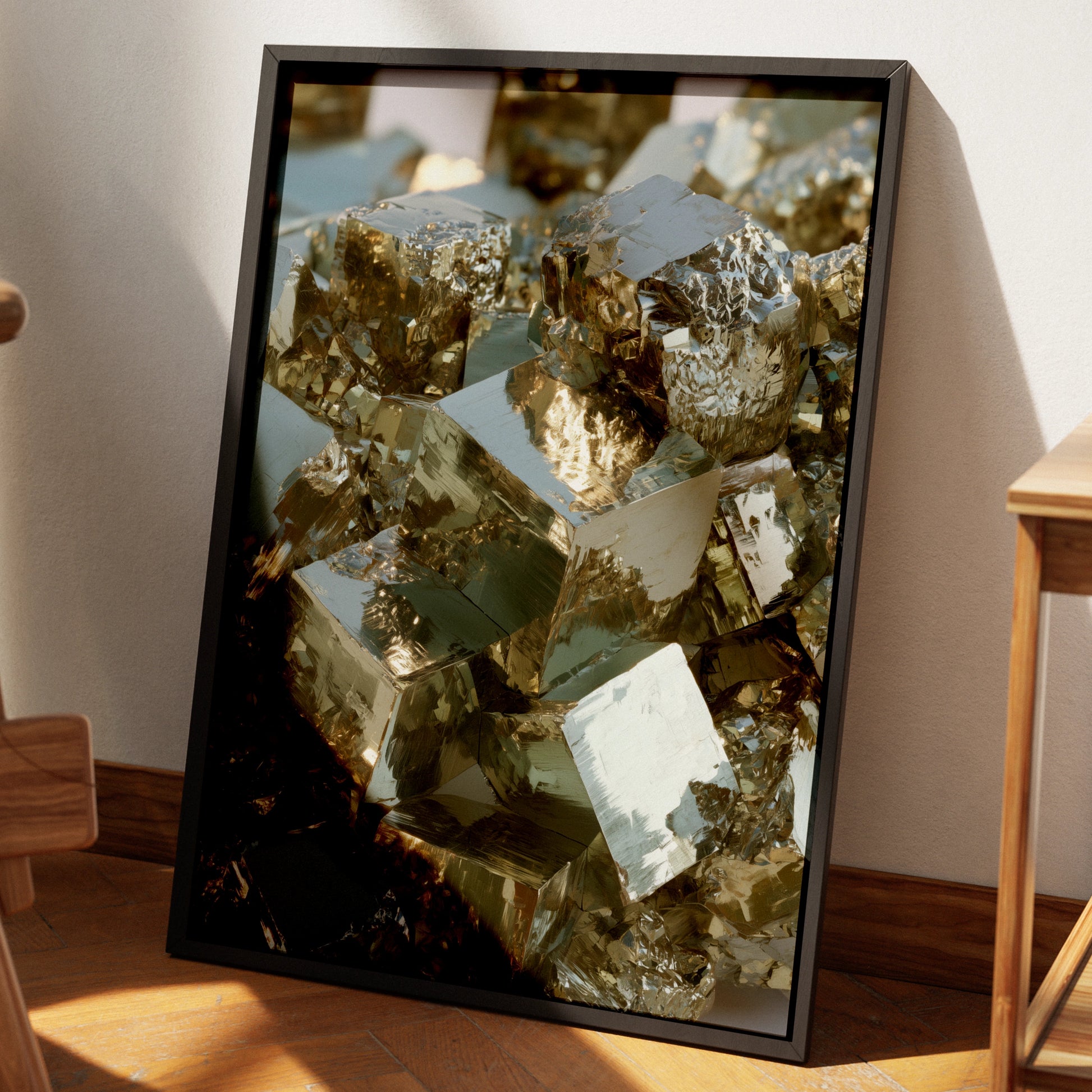 Pyrite Crystal Cluster Poster, Fool's Gold Mineral Art Print, Photorealistic Style