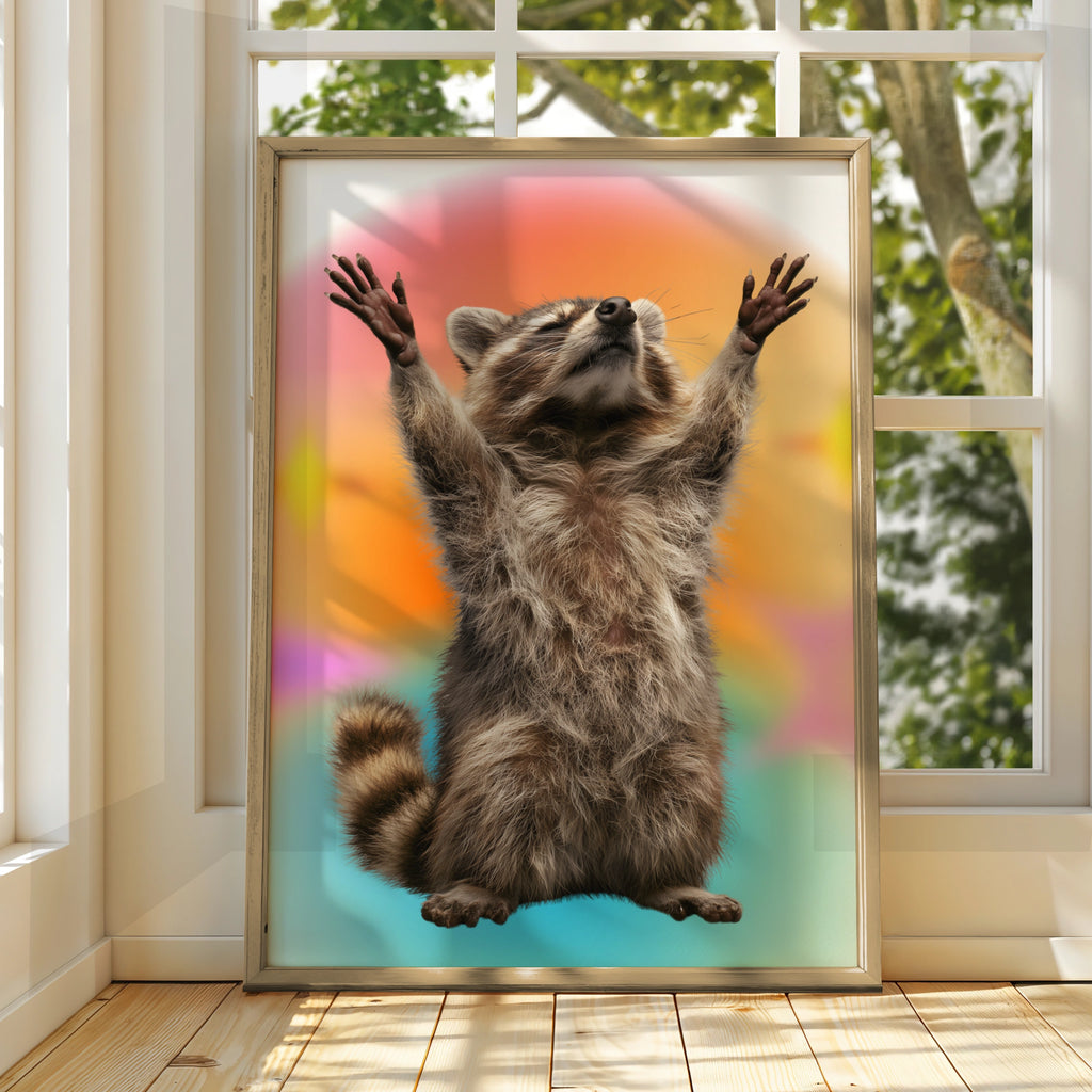 Raccoon Hands Up Poster, Funny Animal Wall Art, Colourful Retro Print