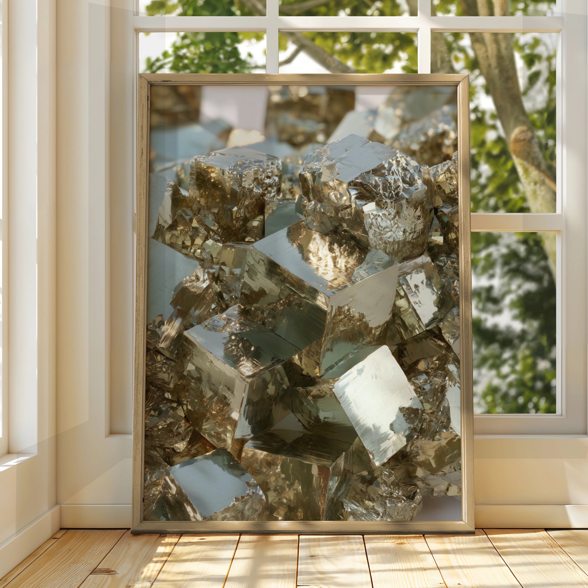 Pyrite Crystal Cluster Poster, Fool's Gold Mineral Art Print, Photorealistic Style