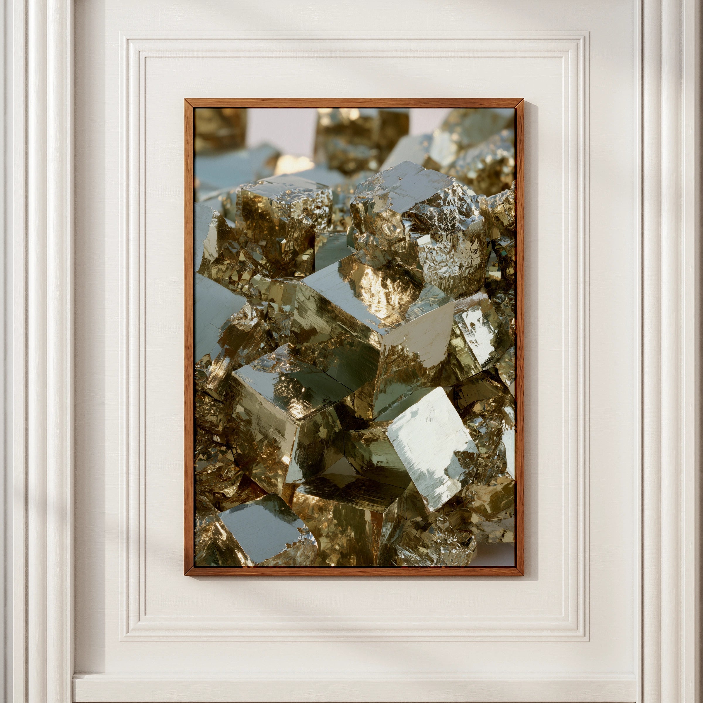 Pyrite Crystal Cluster Poster, Fool's Gold Mineral Art Print, Photorealistic Style