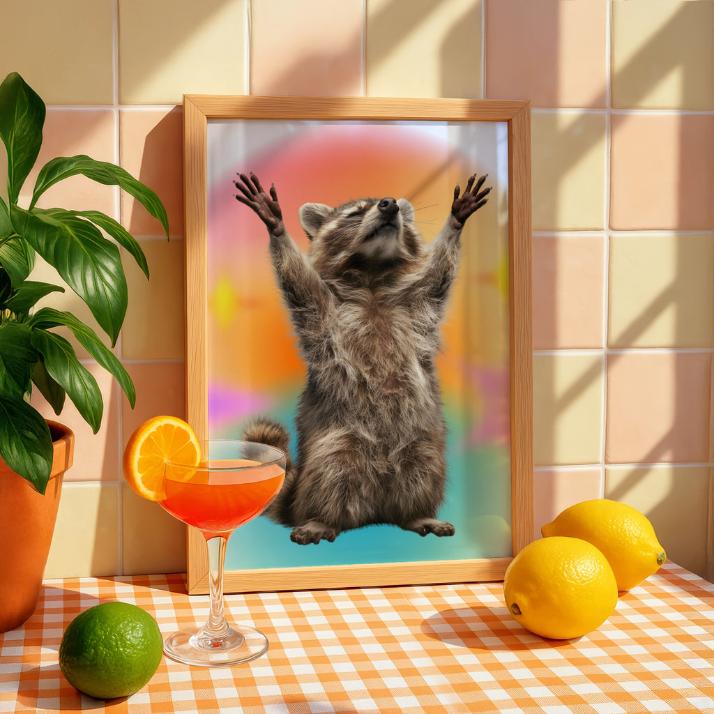 Raccoon Hands Up Poster, Funny Animal Wall Art, Colourful Retro Print