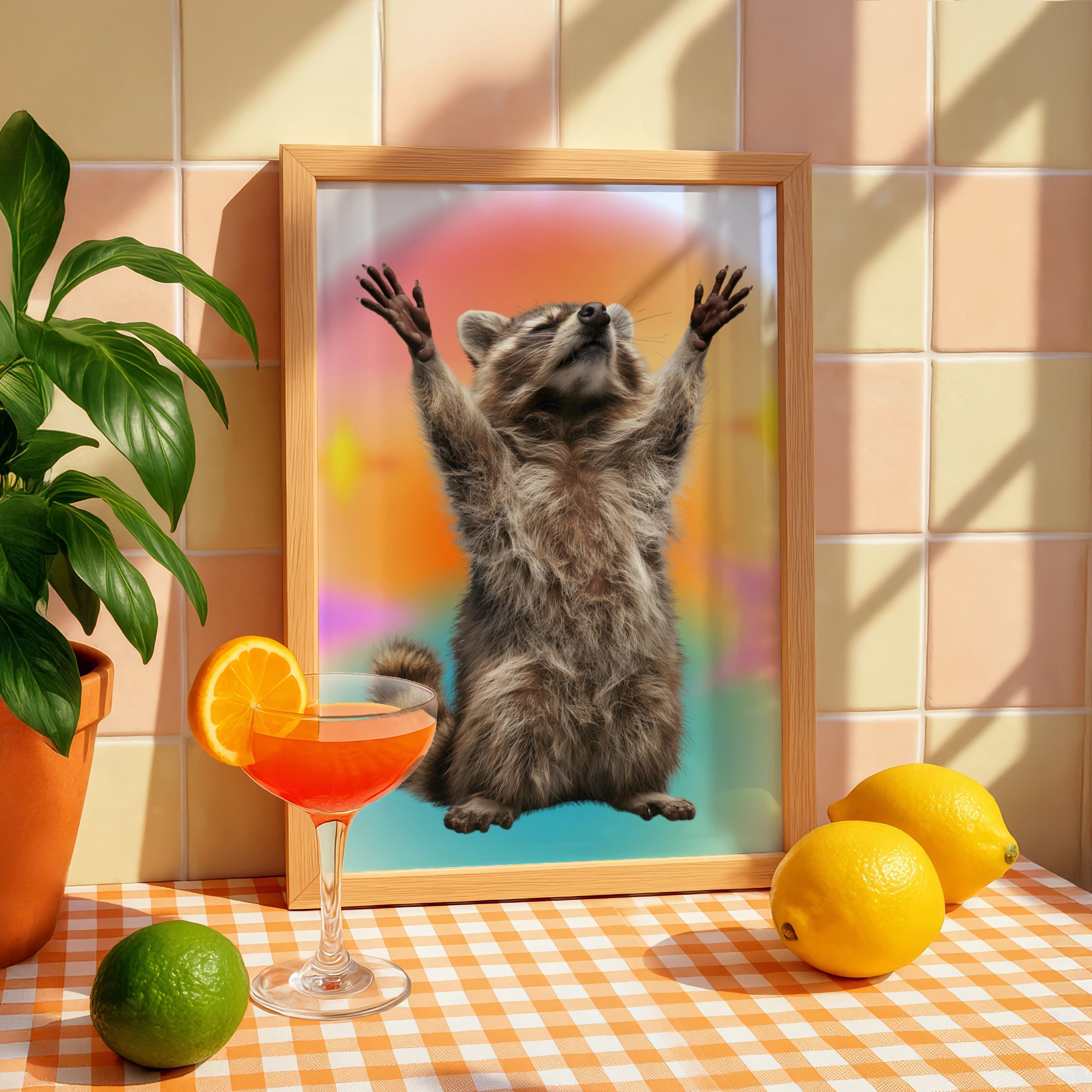 Raccoon Hands Up Poster, Funny Animal Wall Art, Colourful Retro Print
