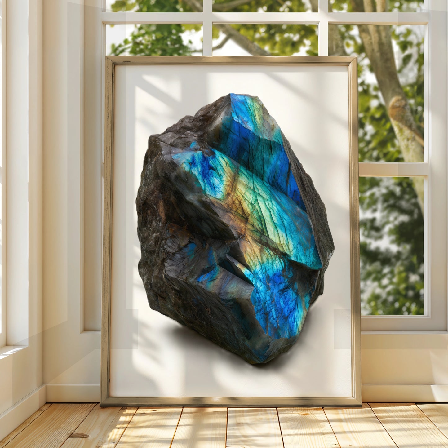 Labradorite Crystal Print, Iridescent Blue Gemstone Poster, Mineral Art