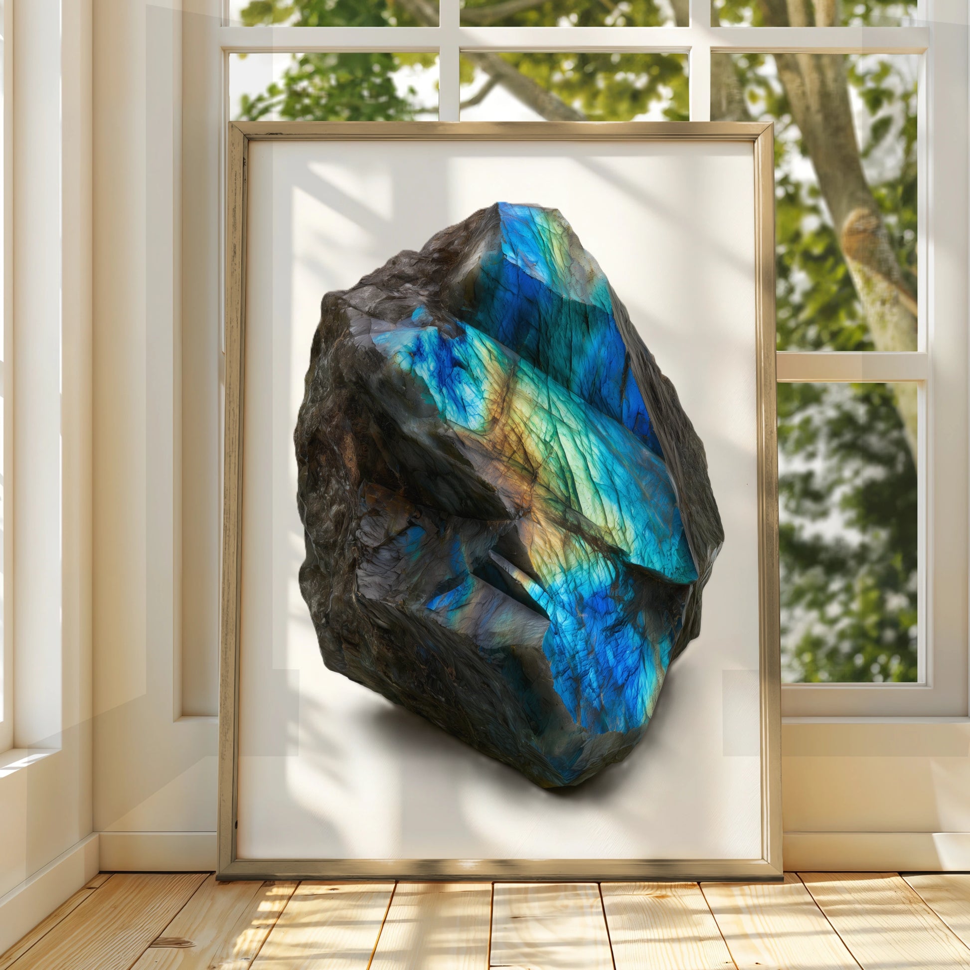 Labradorite Crystal Print, Iridescent Blue Gemstone Poster, Mineral Art