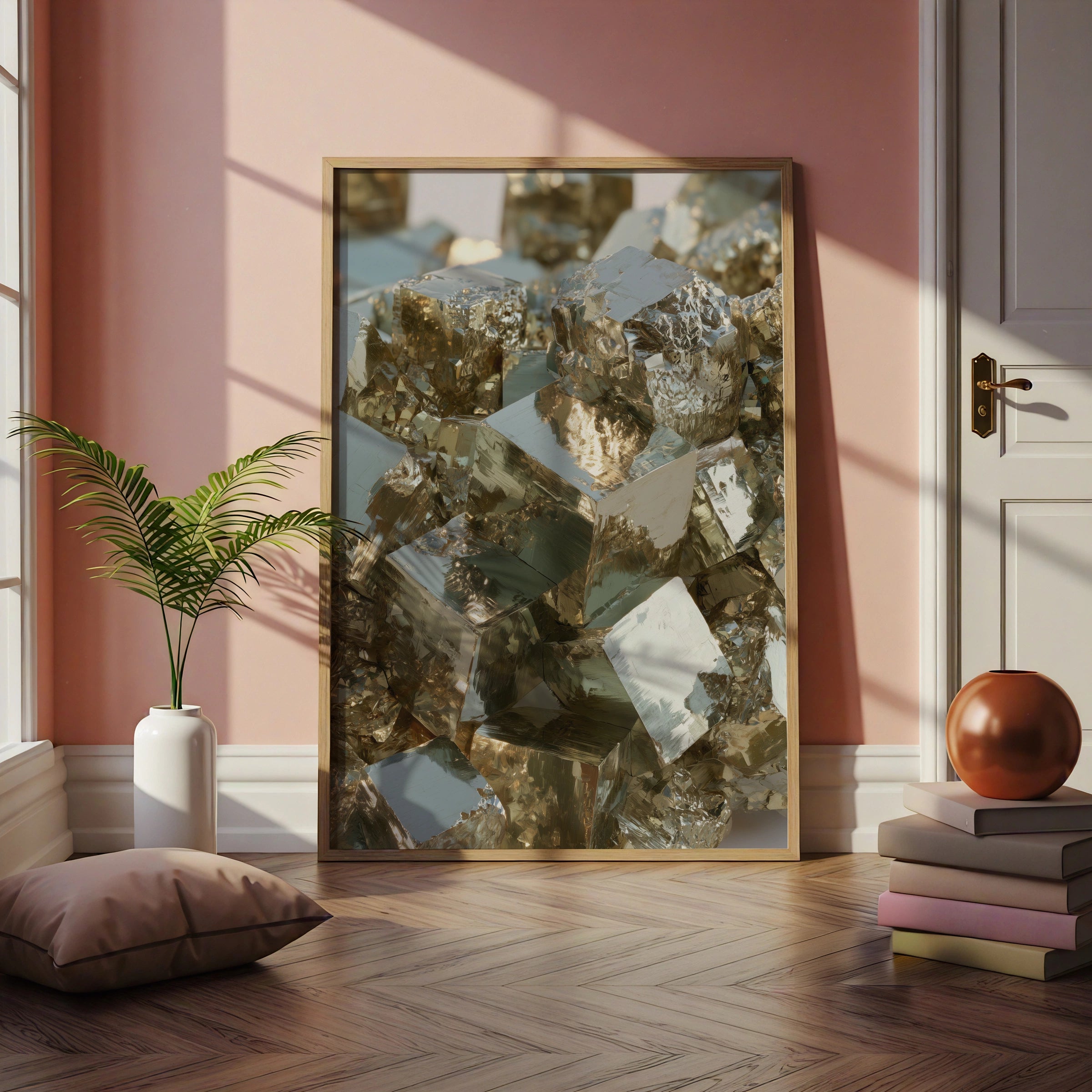 Pyrite Crystal Cluster Poster, Fool's Gold Mineral Art Print, Photorealistic Style