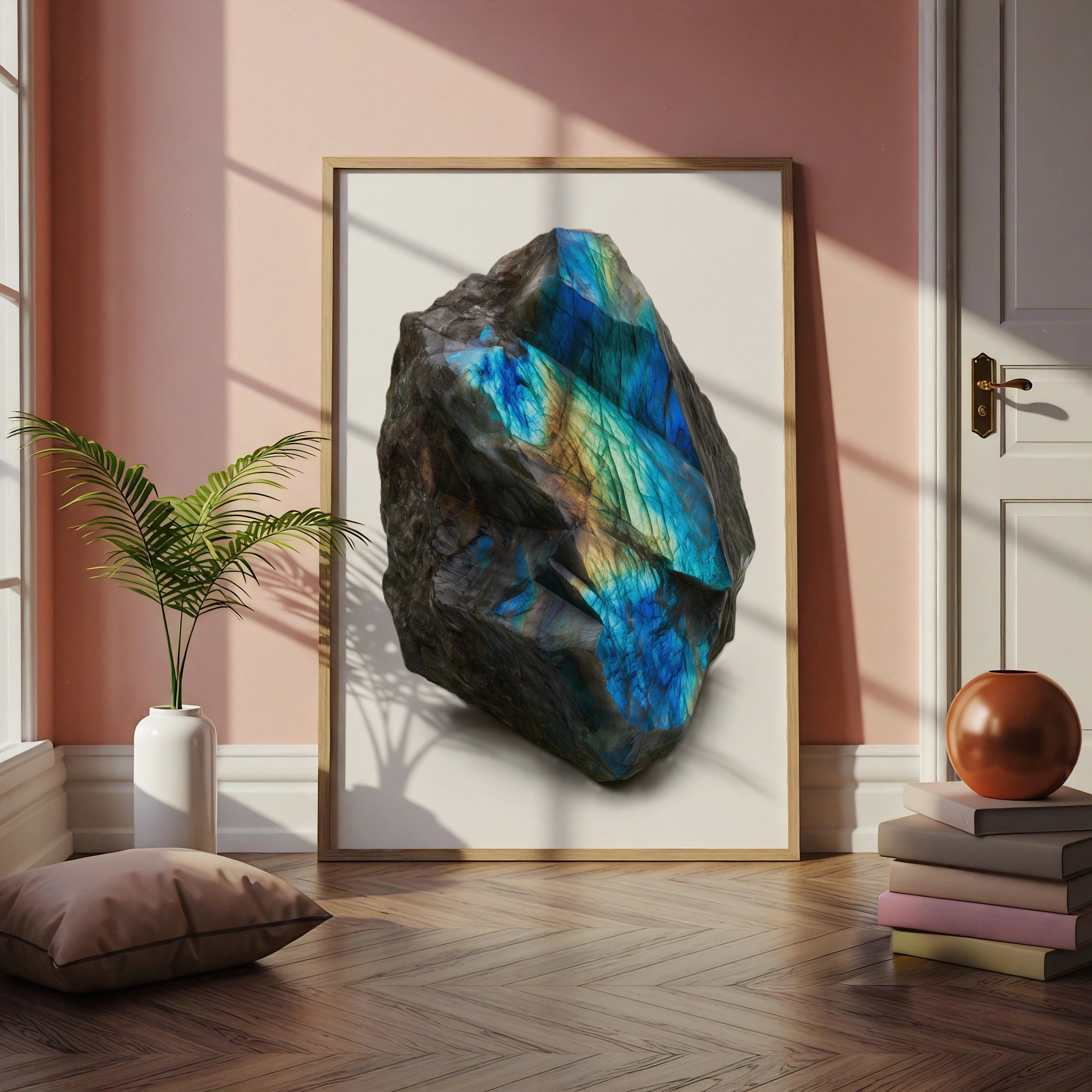 Labradorite Crystal Print, Iridescent Blue Gemstone Poster, Mineral Art