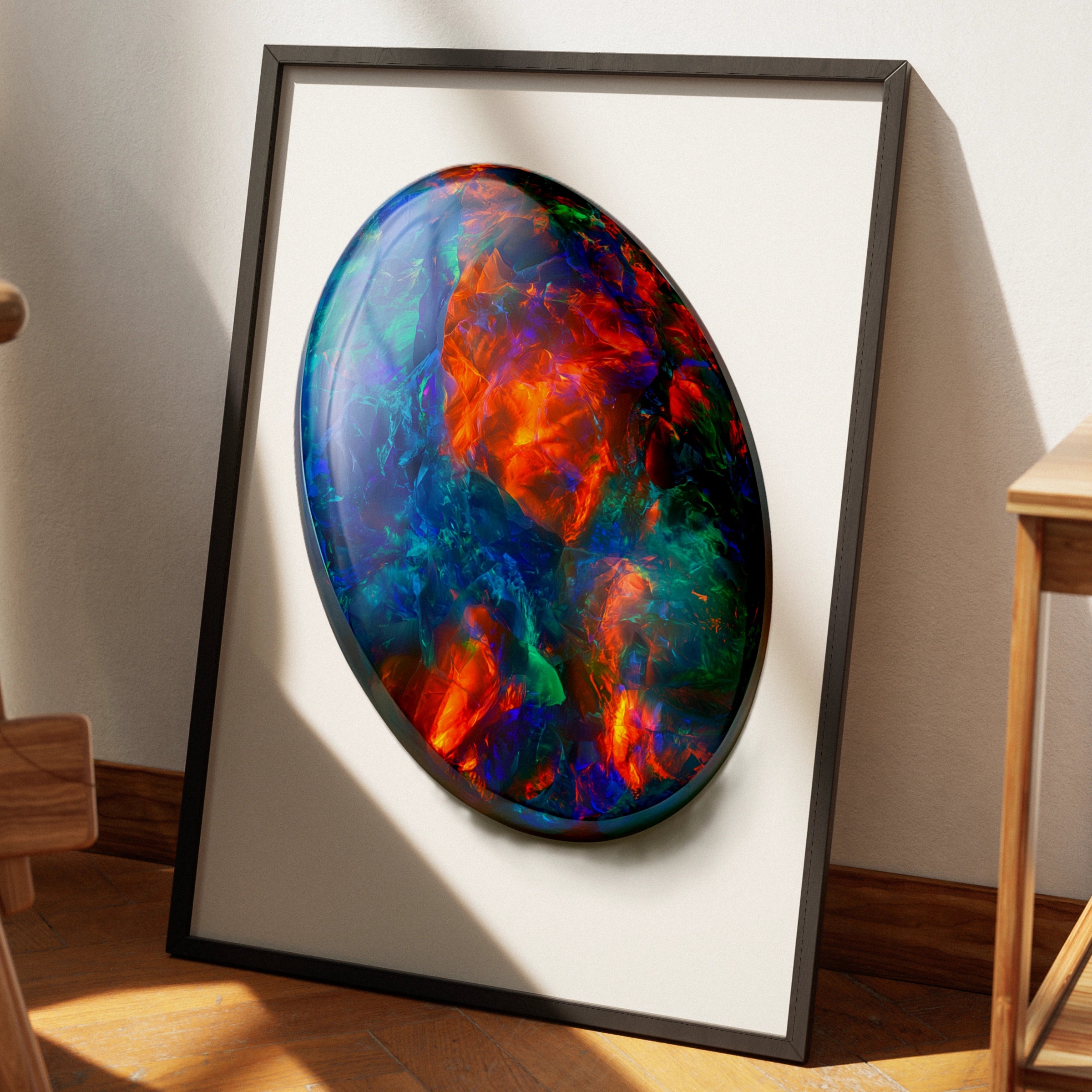 Black Opal Gemstone Poster, iridescent crystal wall art, bold colourful print