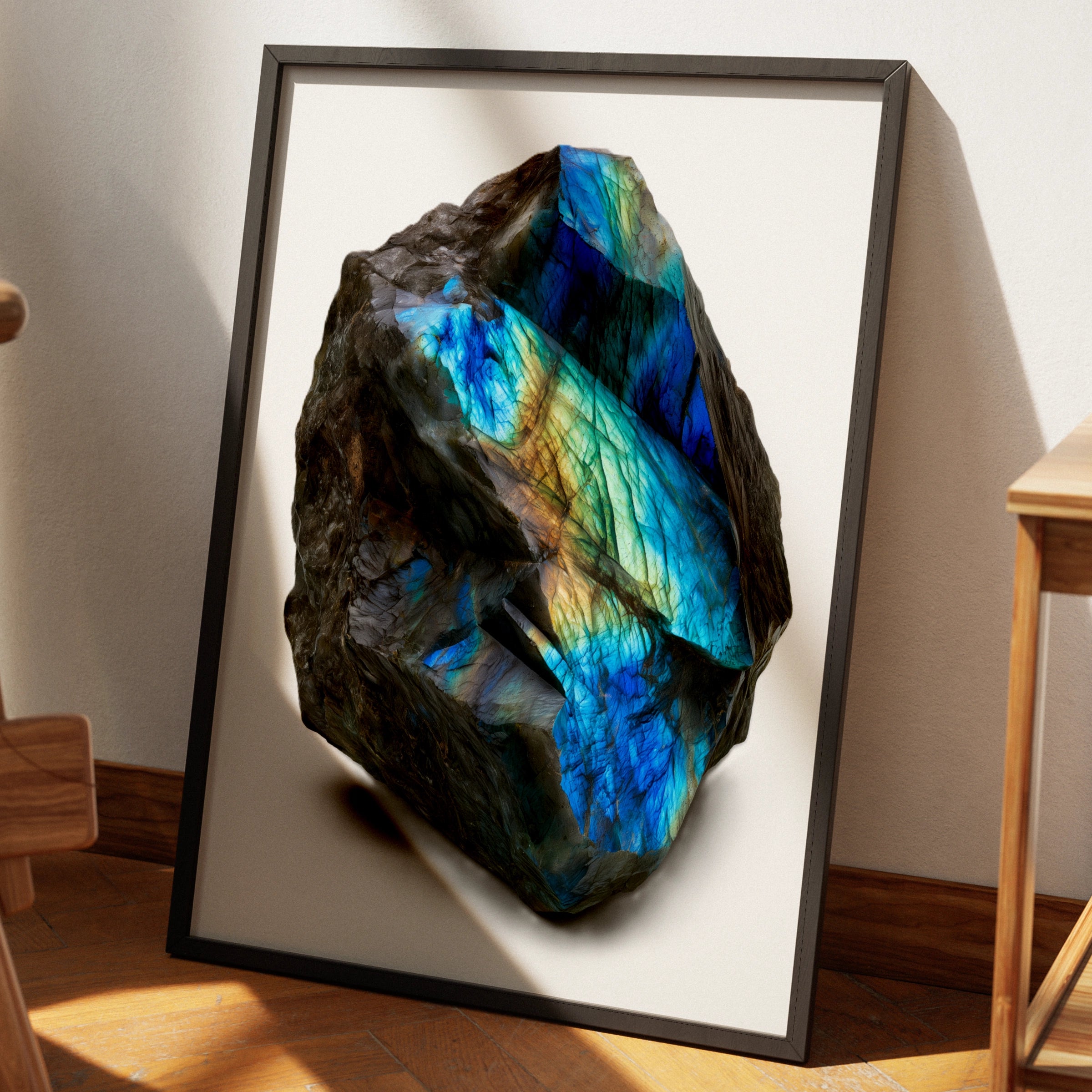 Labradorite Crystal Print, Iridescent Blue Gemstone Poster, Mineral Art
