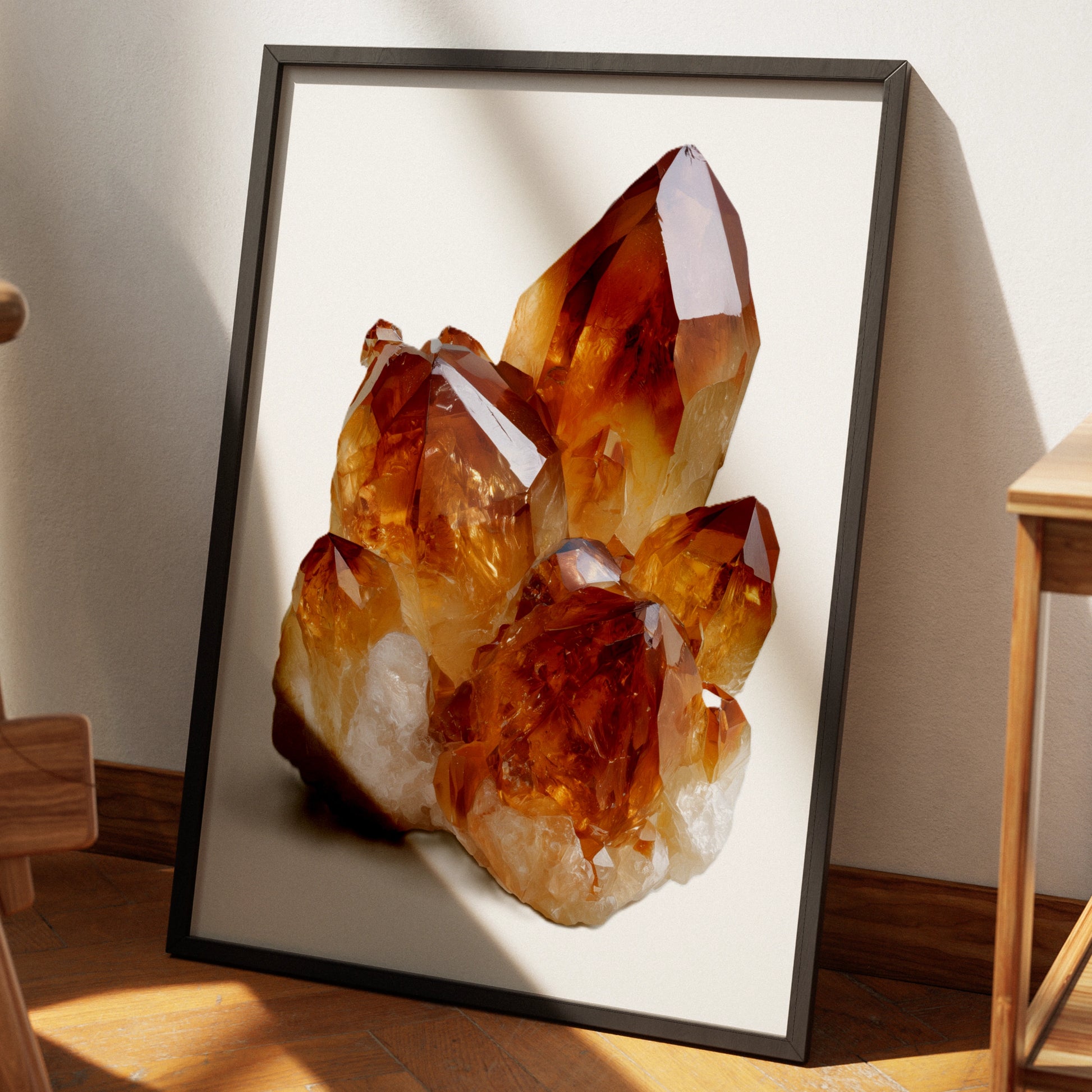 Citrine Crystal Cluster Print, Golden Amber Gemstone Poster, Mineral Art