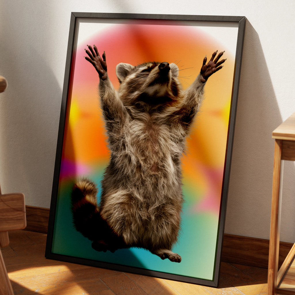 Raccoon Hands Up Poster, Funny Animal Wall Art, Colourful Retro Print