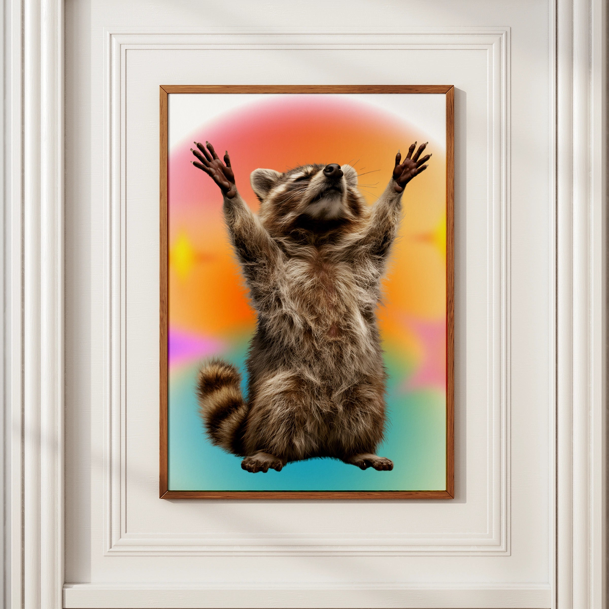 Raccoon Hands Up Poster, Funny Animal Wall Art, Colourful Retro Print