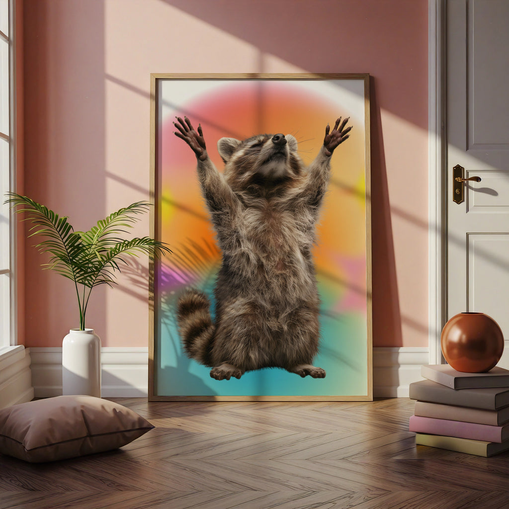 Raccoon Hands Up Poster, Funny Animal Wall Art, Colourful Retro Print