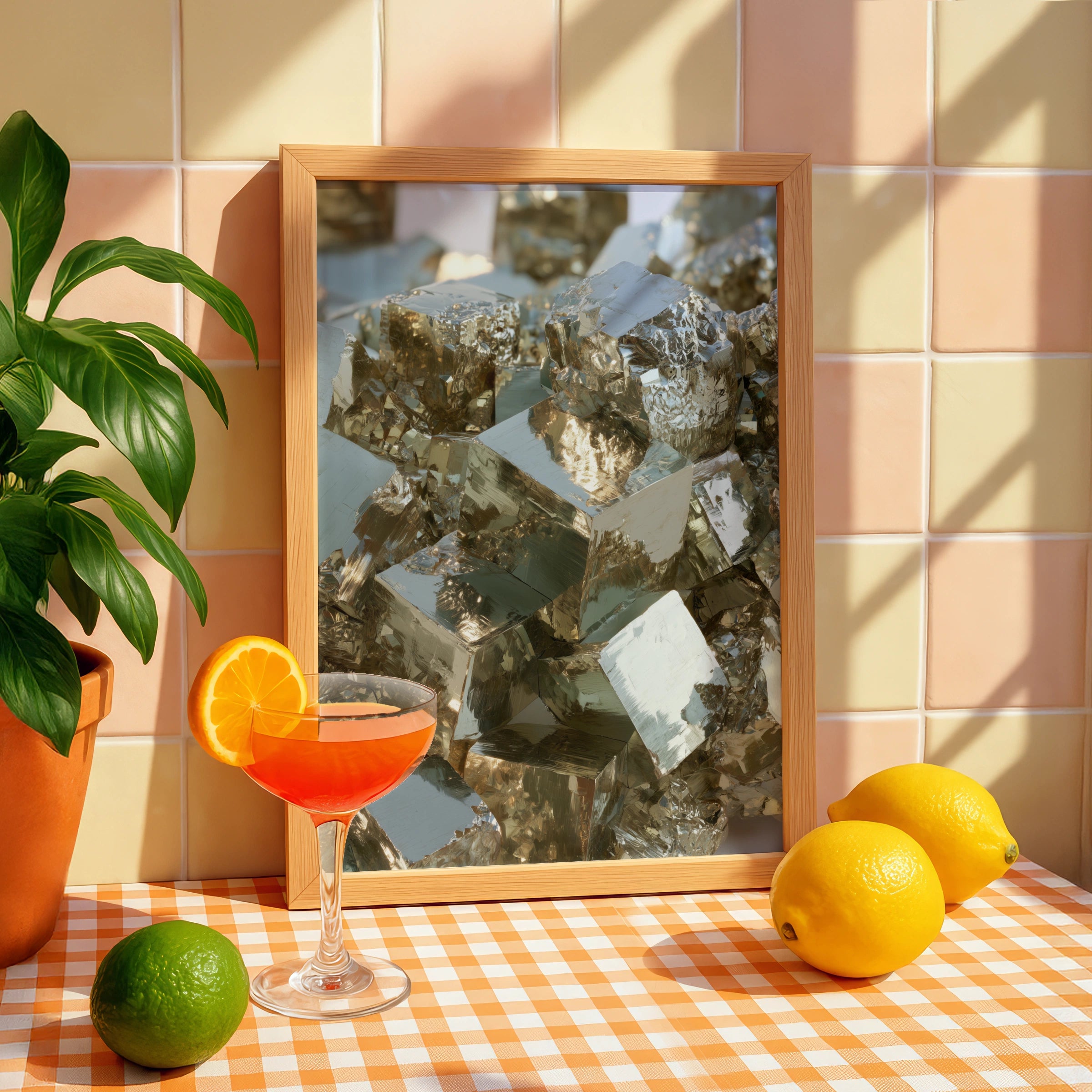 Pyrite Crystal Cluster Poster, Fool's Gold Mineral Art Print, Photorealistic Style