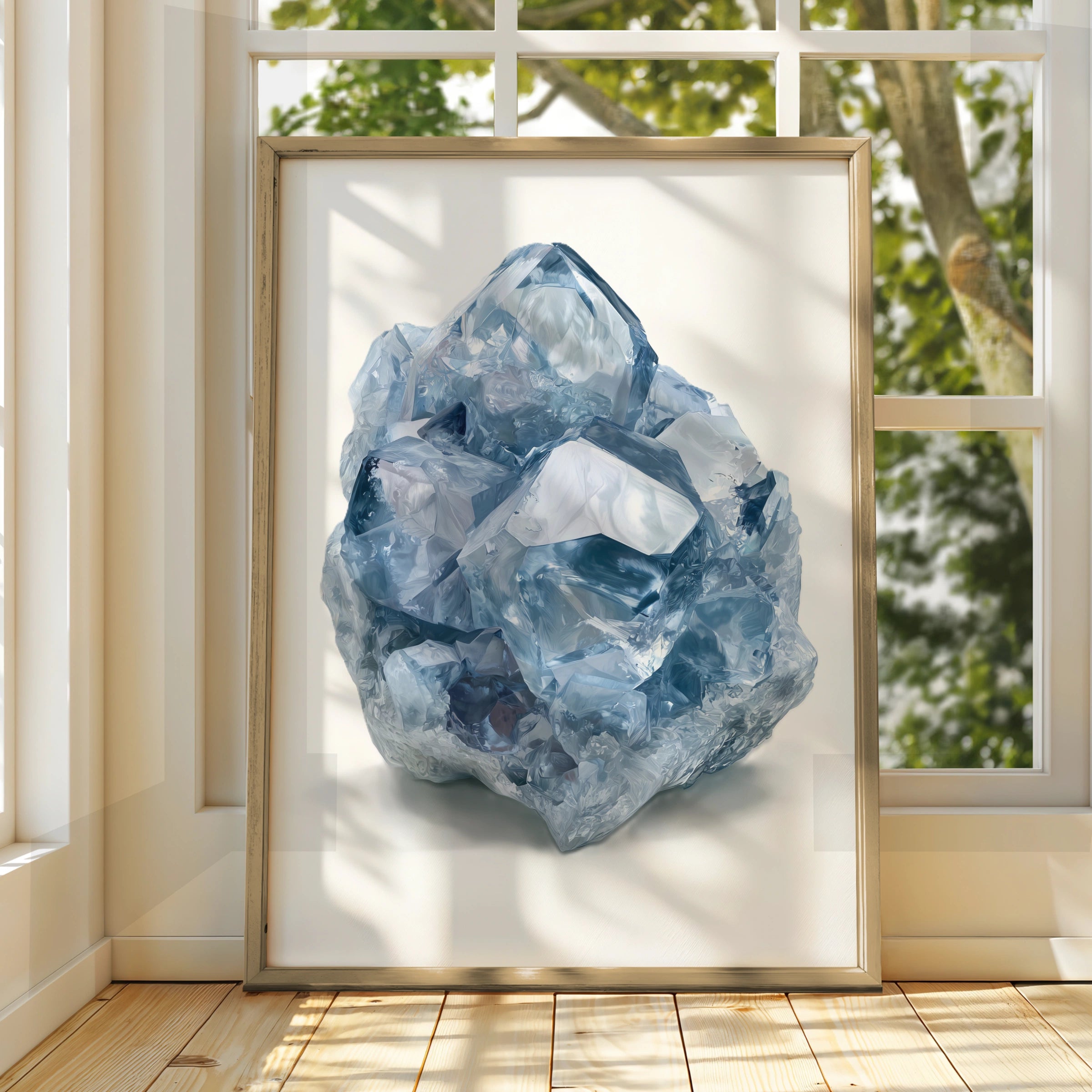 Celestite Crystal Cluster Print, Blue Gemstone Wall Art, Mineral Poster