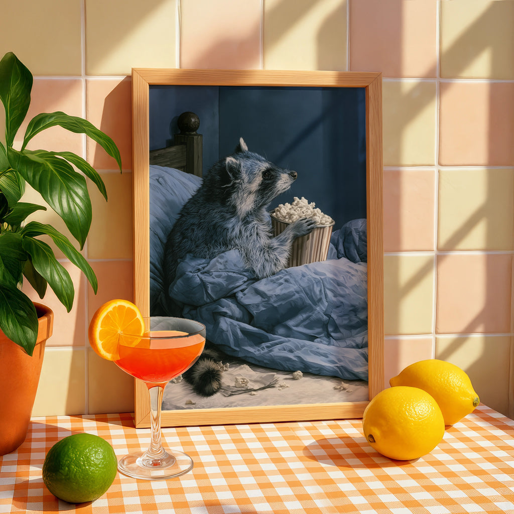 Raccoon Eating Popcorn in Bed Art Print, Funny Animal Poster, Navy Blue Wall Art