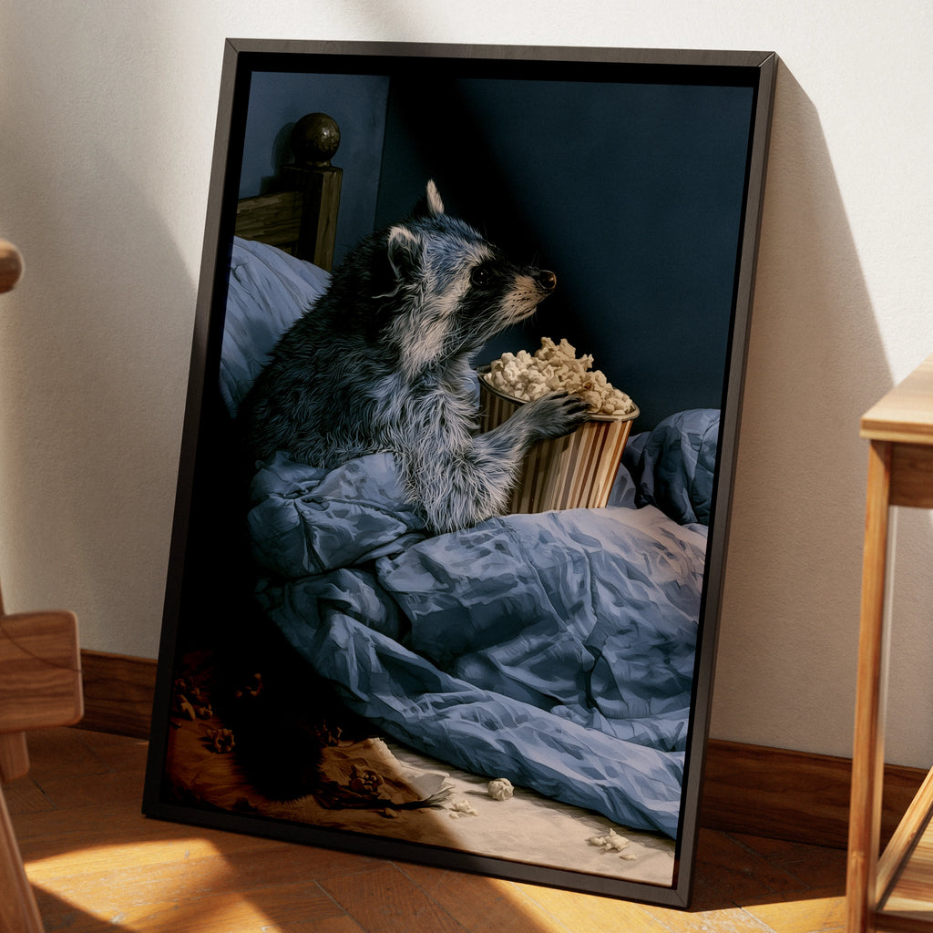 Raccoon Eating Popcorn in Bed Art Print, Funny Animal Poster, Navy Blue Wall Art