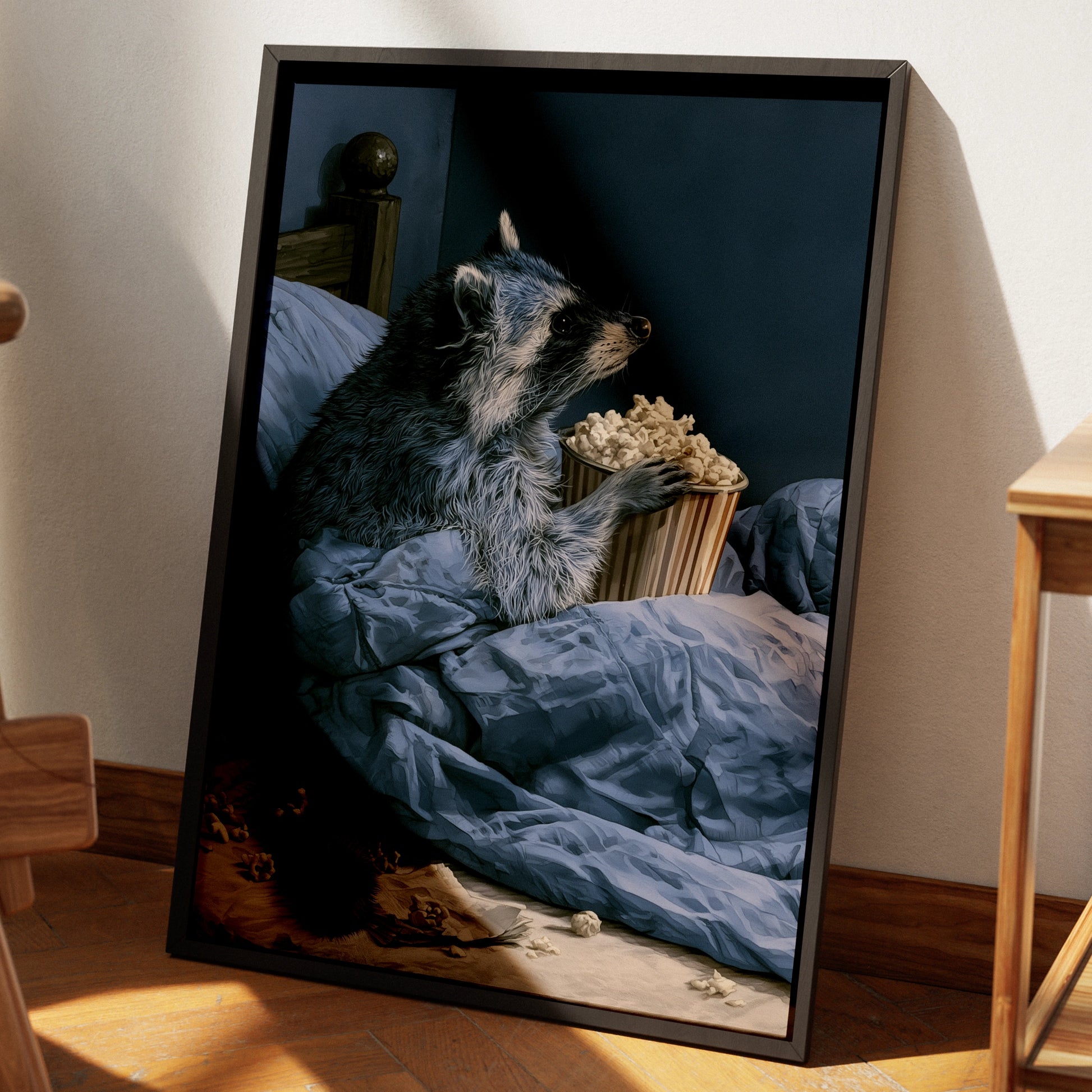 Raccoon Eating Popcorn in Bed Art Print, Funny Animal Poster, Navy Blue Wall Art