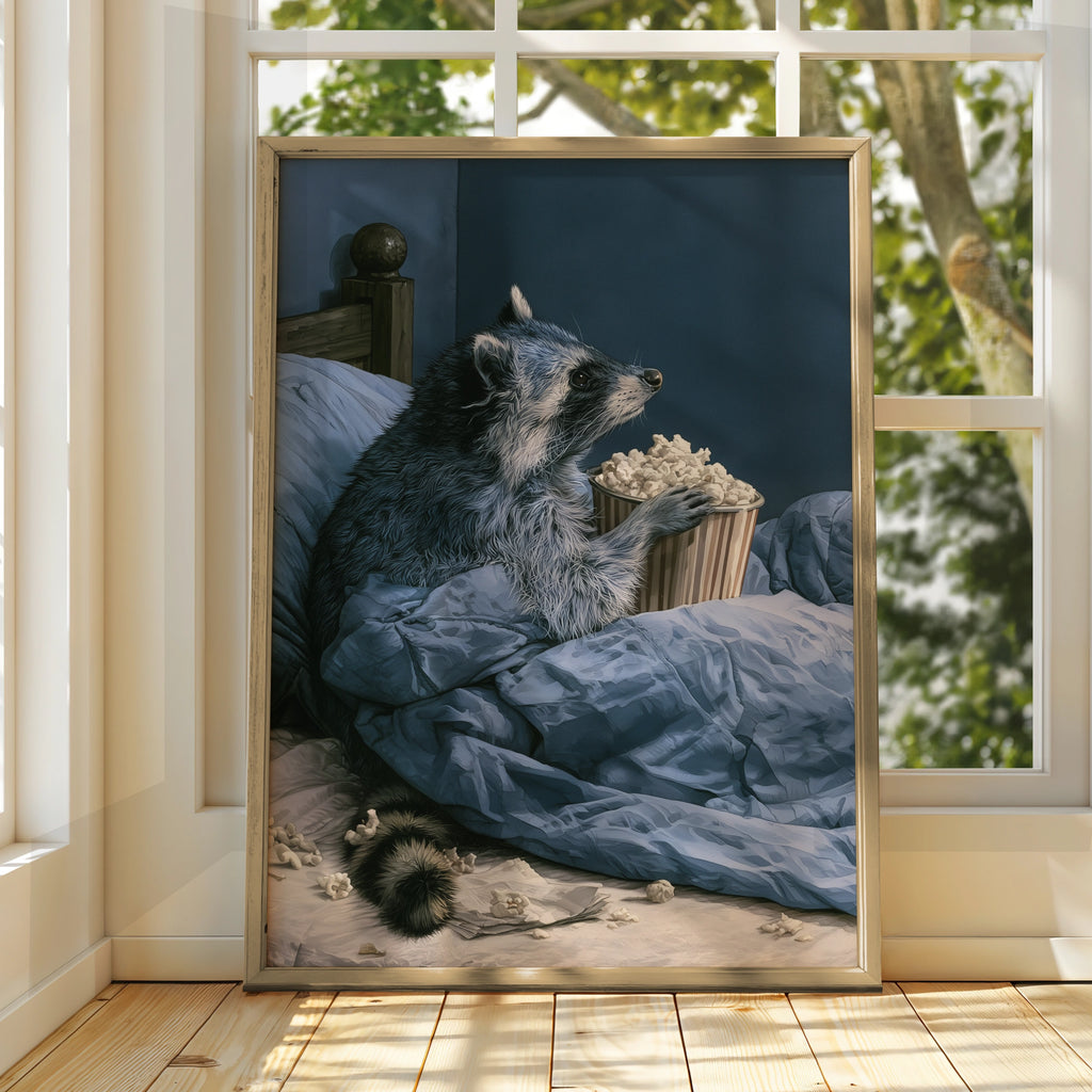Raccoon Eating Popcorn in Bed Art Print, Funny Animal Poster, Navy Blue Wall Art