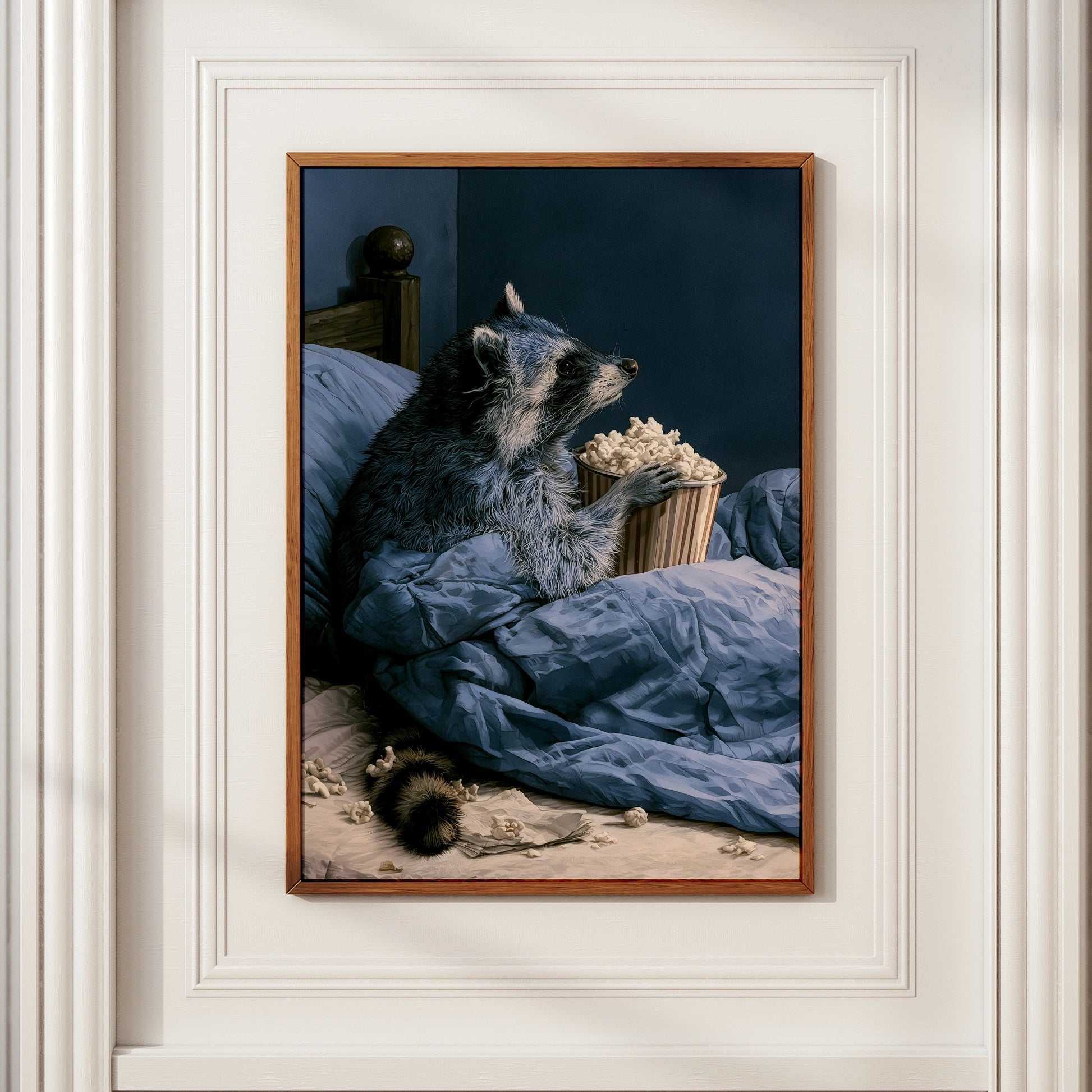 Raccoon Eating Popcorn in Bed Art Print, Funny Animal Poster, Navy Blue Wall Art